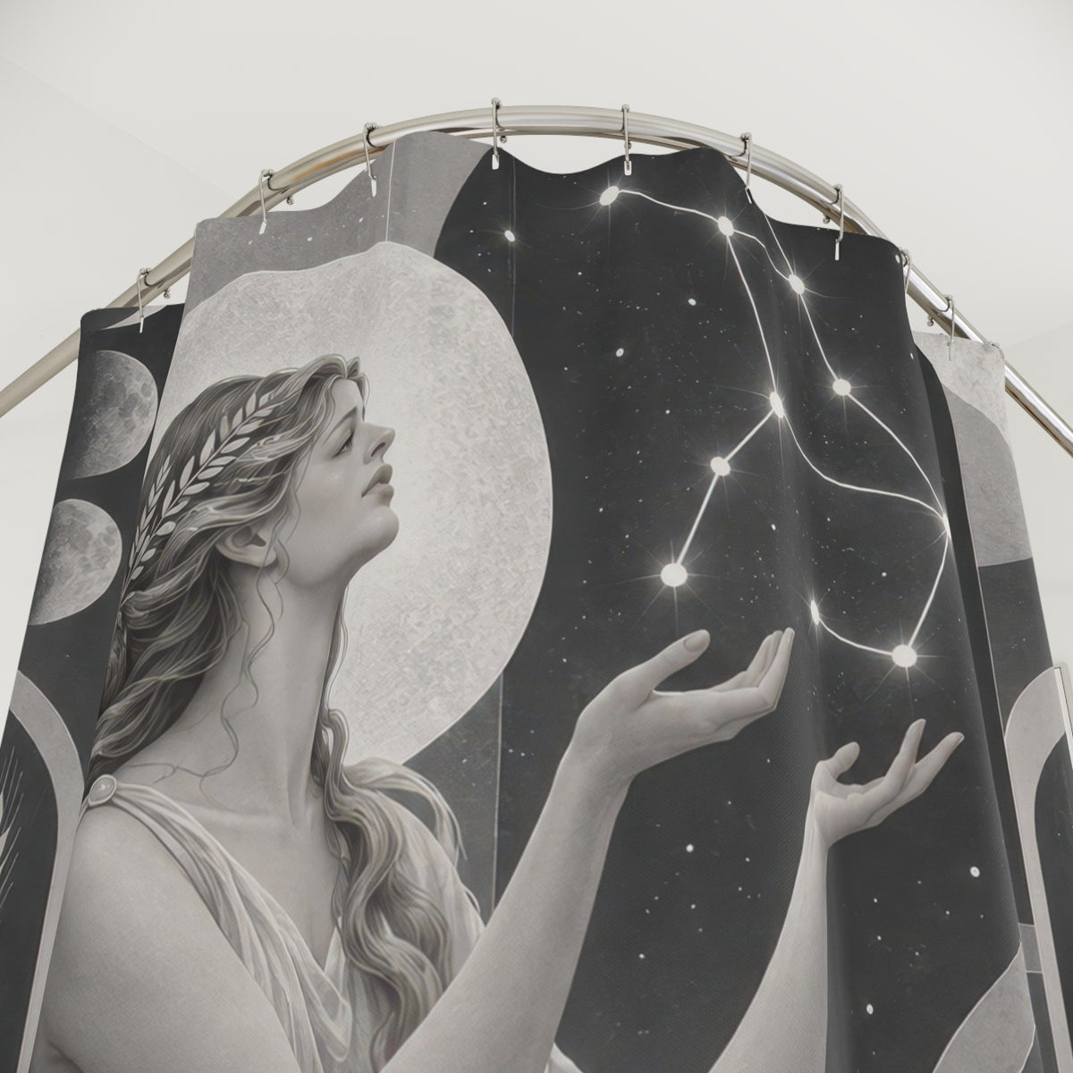 Grey and white Virgo maiden among geometric arches shower curtain with close-up print, hooks, and folds
