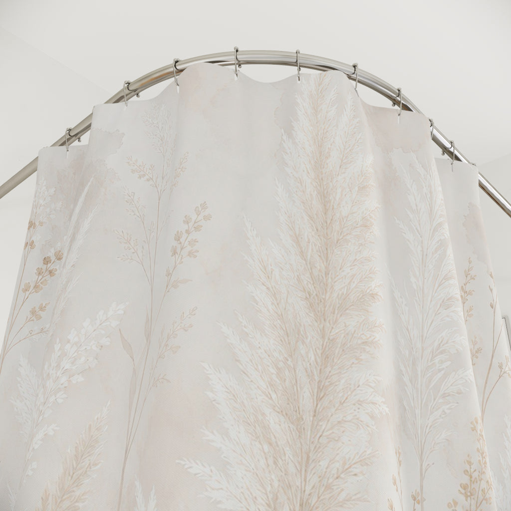 White Botanical Shower Curtain, Boho Grass Bath Decor, Ivory Meadow Pattern, Cream Guest Bathroom Decor, Soft Natural Meadow Style