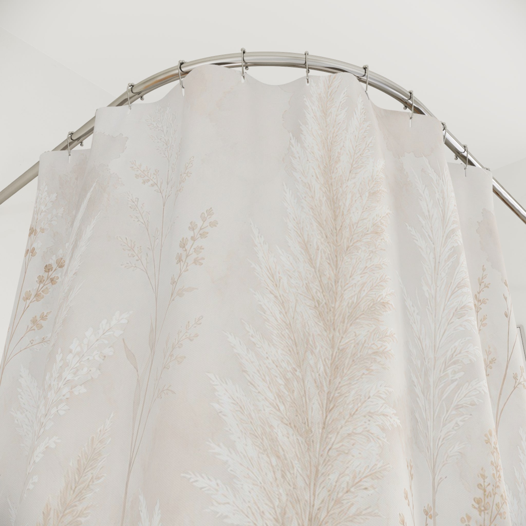 White Botanical Shower Curtain, Boho Grass Bath Decor, Ivory Meadow Pattern, Cream Guest Bathroom Decor, Soft Natural Meadow Style