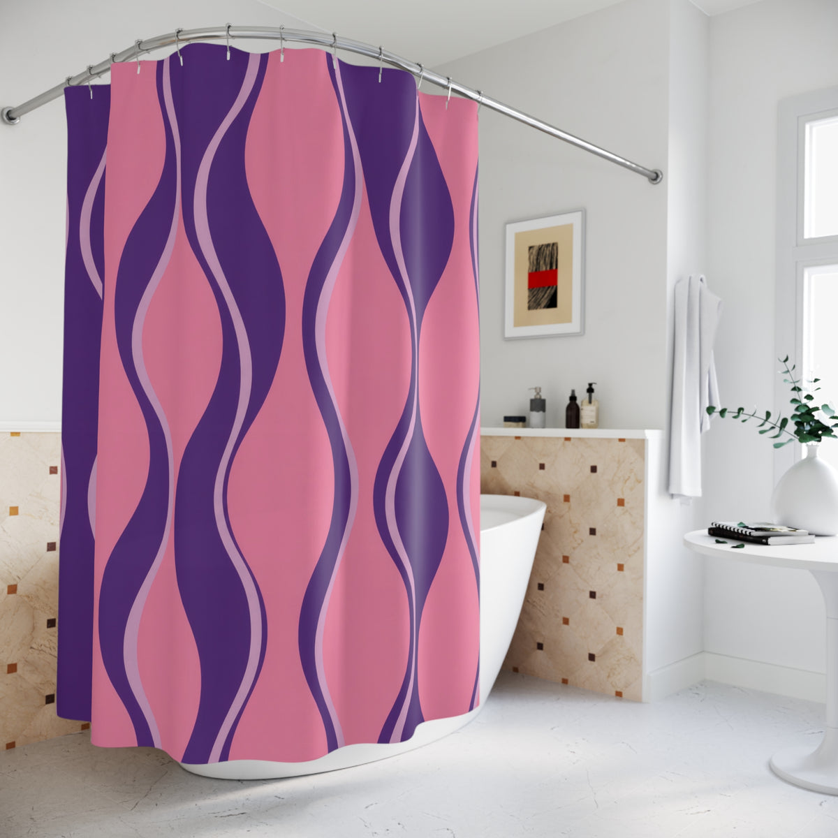 Pink and grape purple hourglass stripes with lilac lines shower curtain beside a freestanding tub