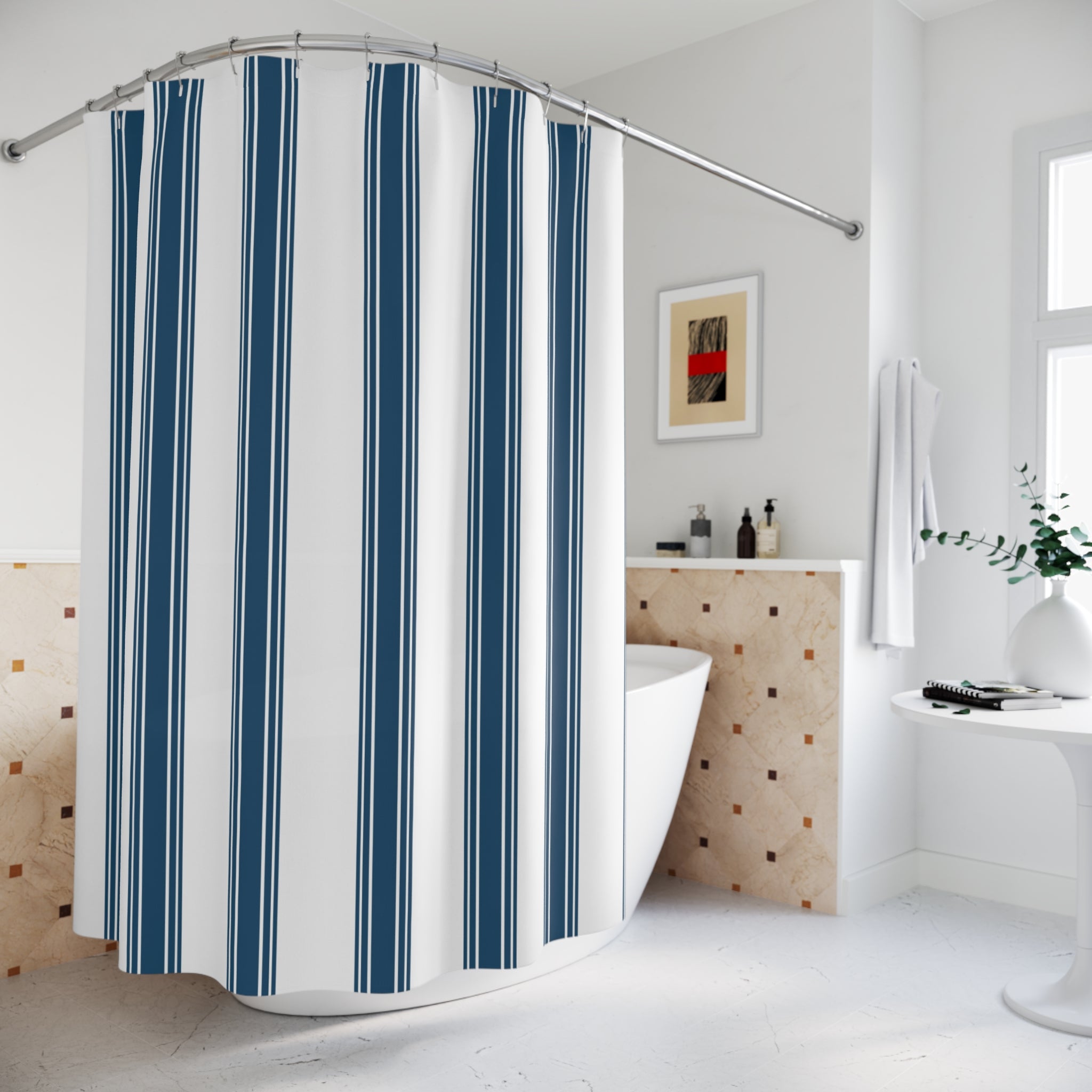 Blue Ticking Stripe Shower Curtain – Navy and White