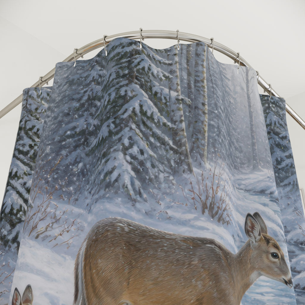 Doe and fawn crossing icy creek shower curtain with close-up print, hooks, and folds