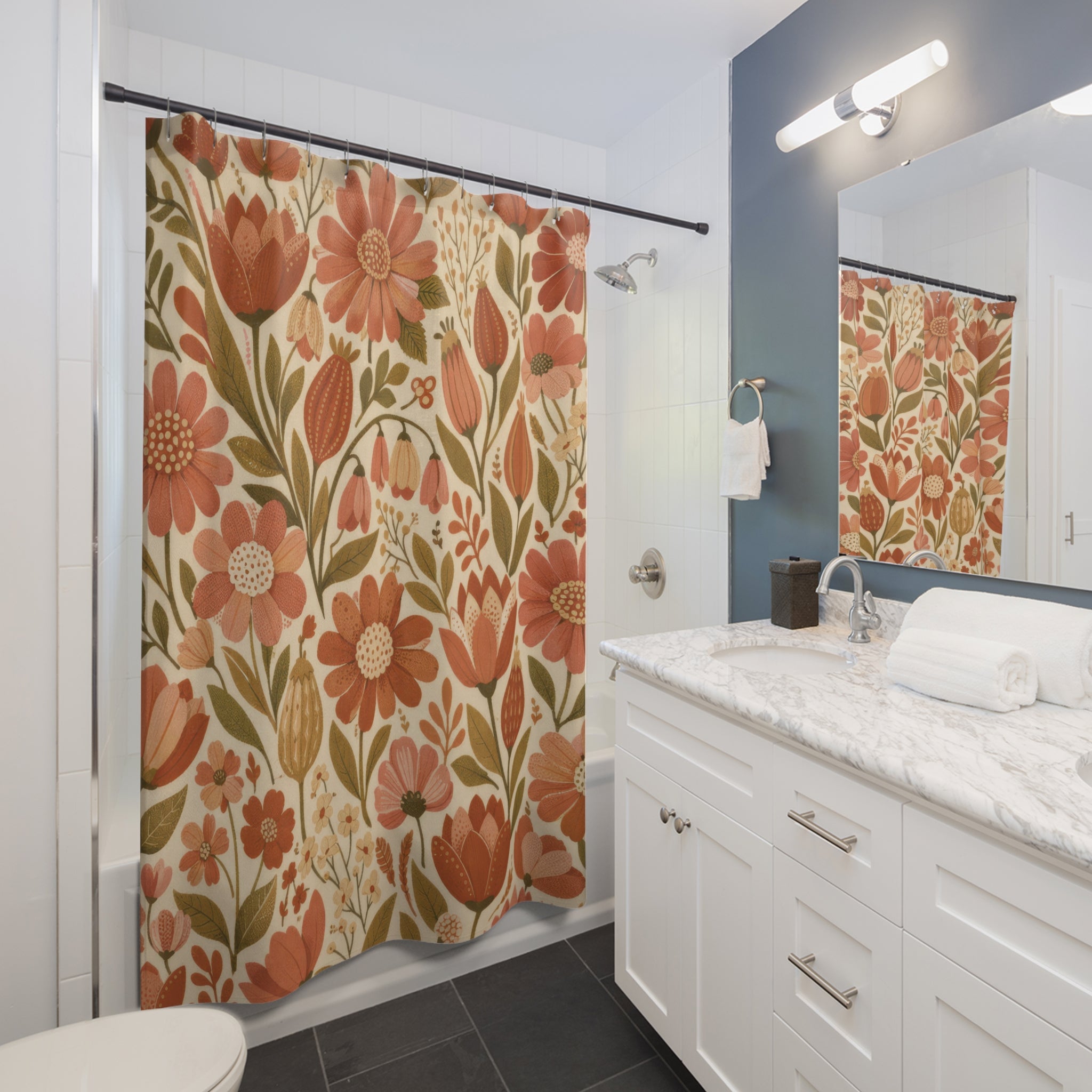 Boho Wildflower Shower Curtain – Terracotta & Coral