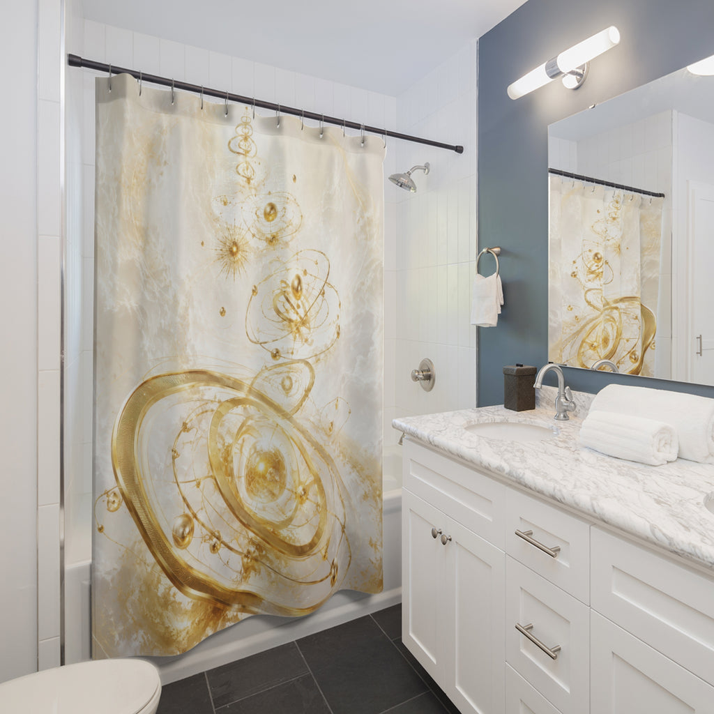 Gold celestial orrery with sun moons and stars shower curtain beside a white vanity