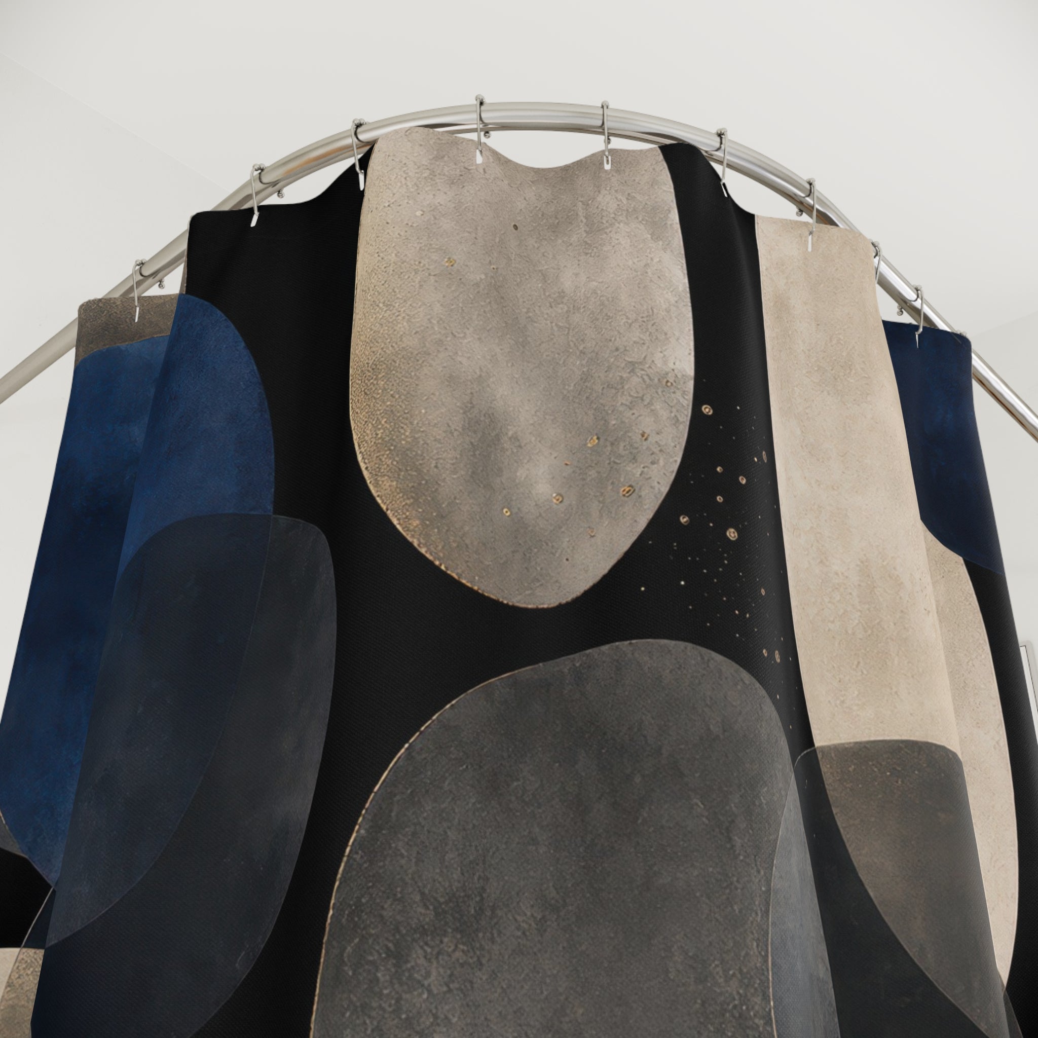 Blue Abstract Shower Curtain, Navy Black Bath Decor, Cream Gray Circle Pattern, Modern Geometric Bathroom Decor, Moody Guest Bathroom