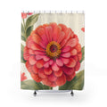 Coral and fuchsia zinnia portrait shower curtain with full front view