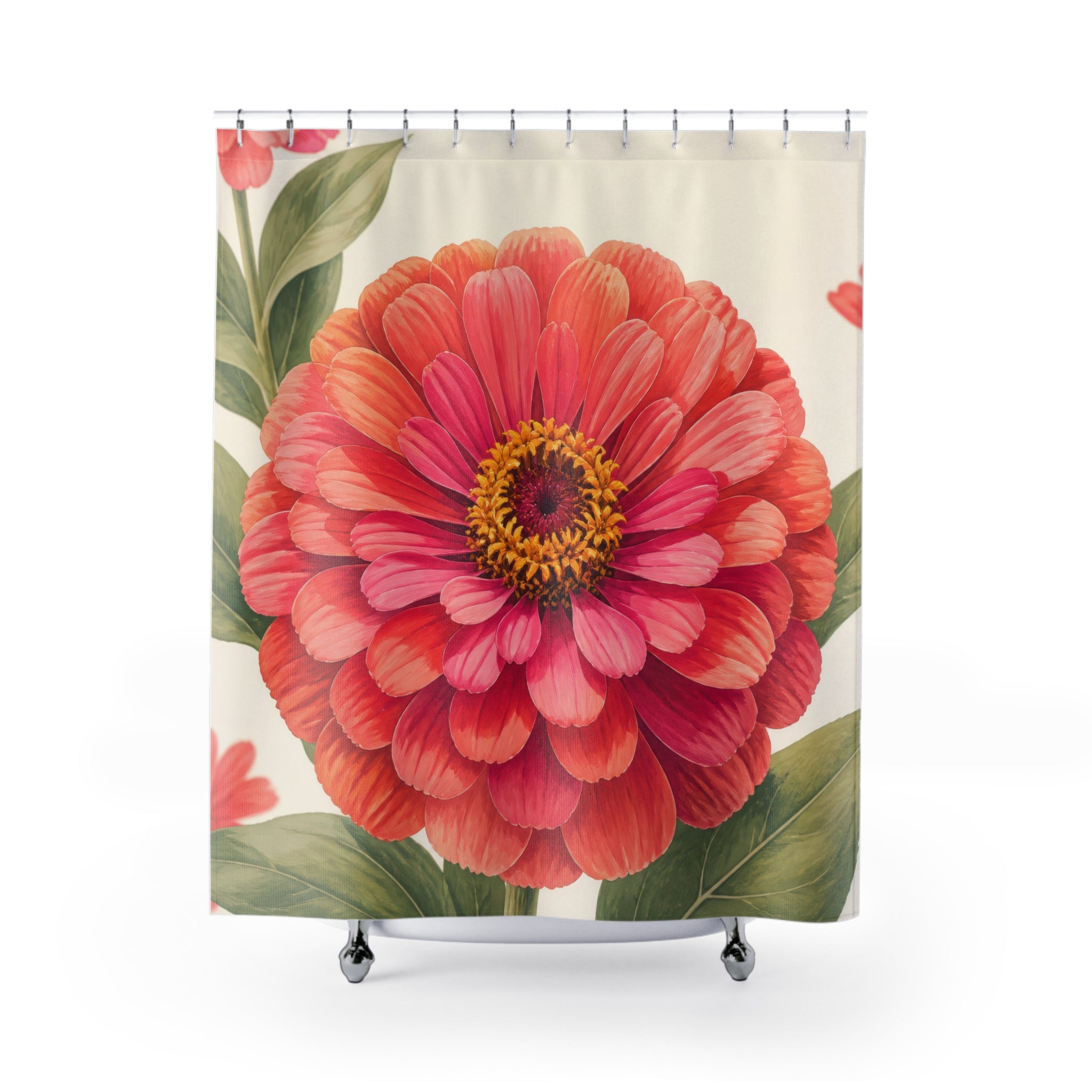 Coral and fuchsia zinnia portrait shower curtain with full front view