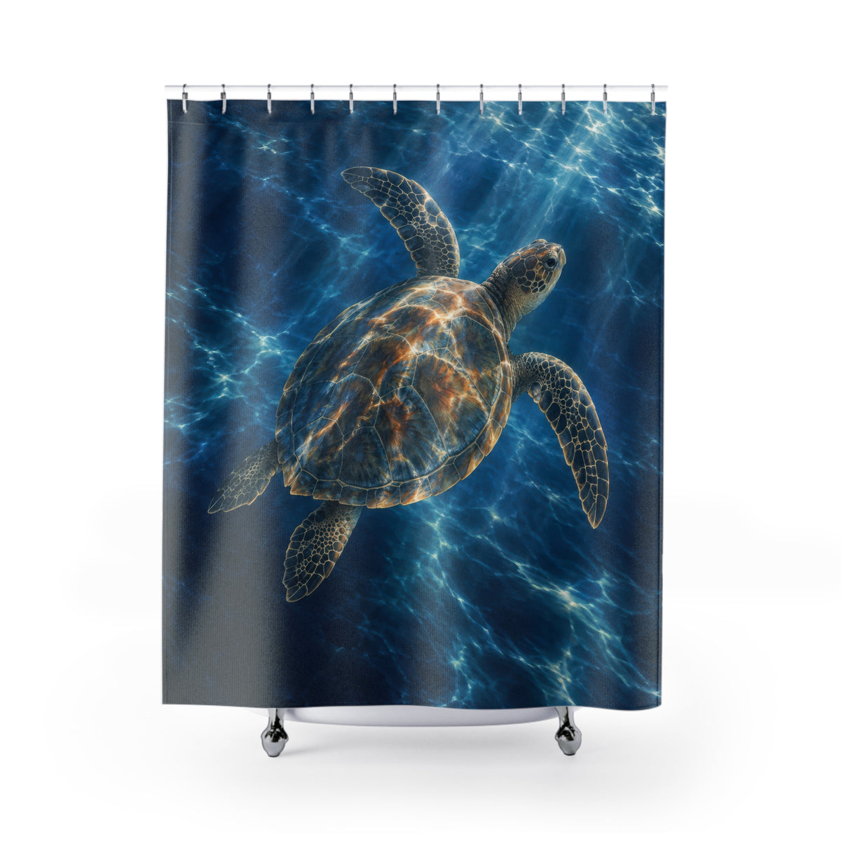 Sea turtle swimming in navy blue water shower curtain with full front view