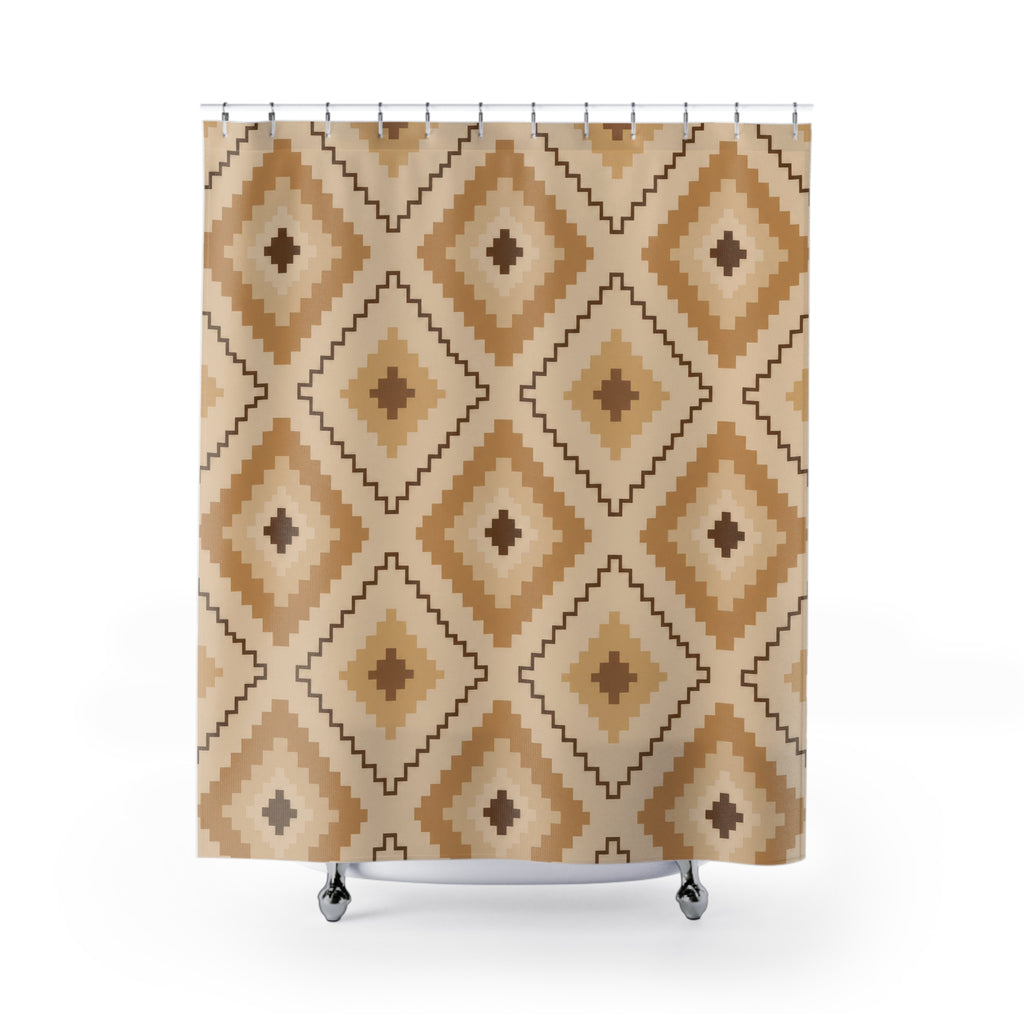 Nested tan and camel stepped diamond geometric pattern shower curtain with full front view