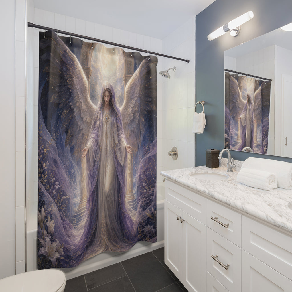 Azrael Shower Curtain, Peaceful Angel Of Passage Art, Lavender Celestial Decor, Soft Spiritual Comfort Bathroom Accent, Moonlit Decor