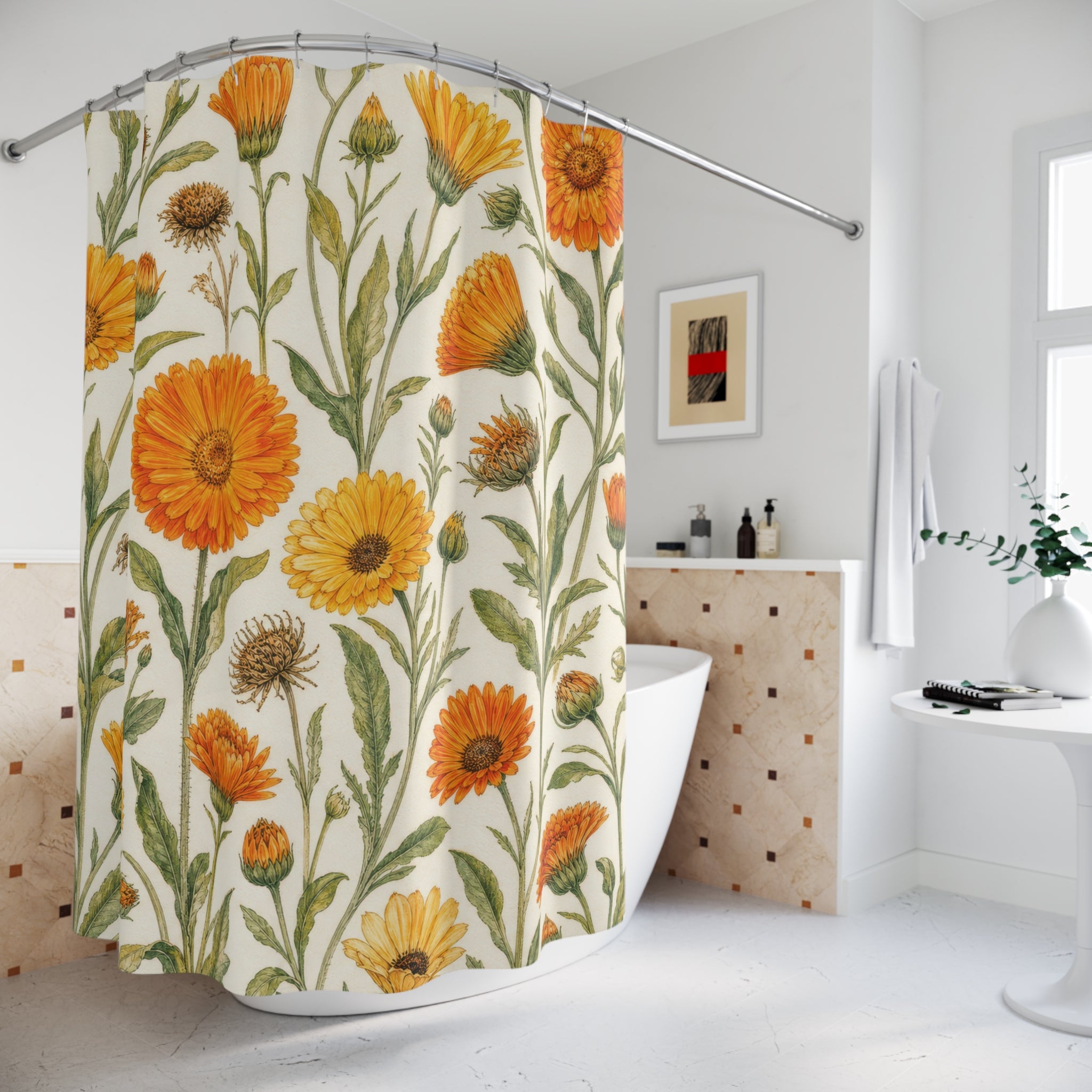 Golden Calendula Orange Yellow Botanical Floral Shower Curtain