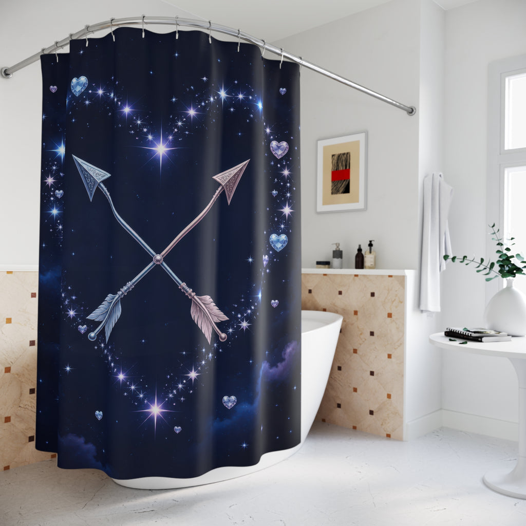 Heart constellation with crossed arrows in navy sky shower curtain beside a freestanding tub