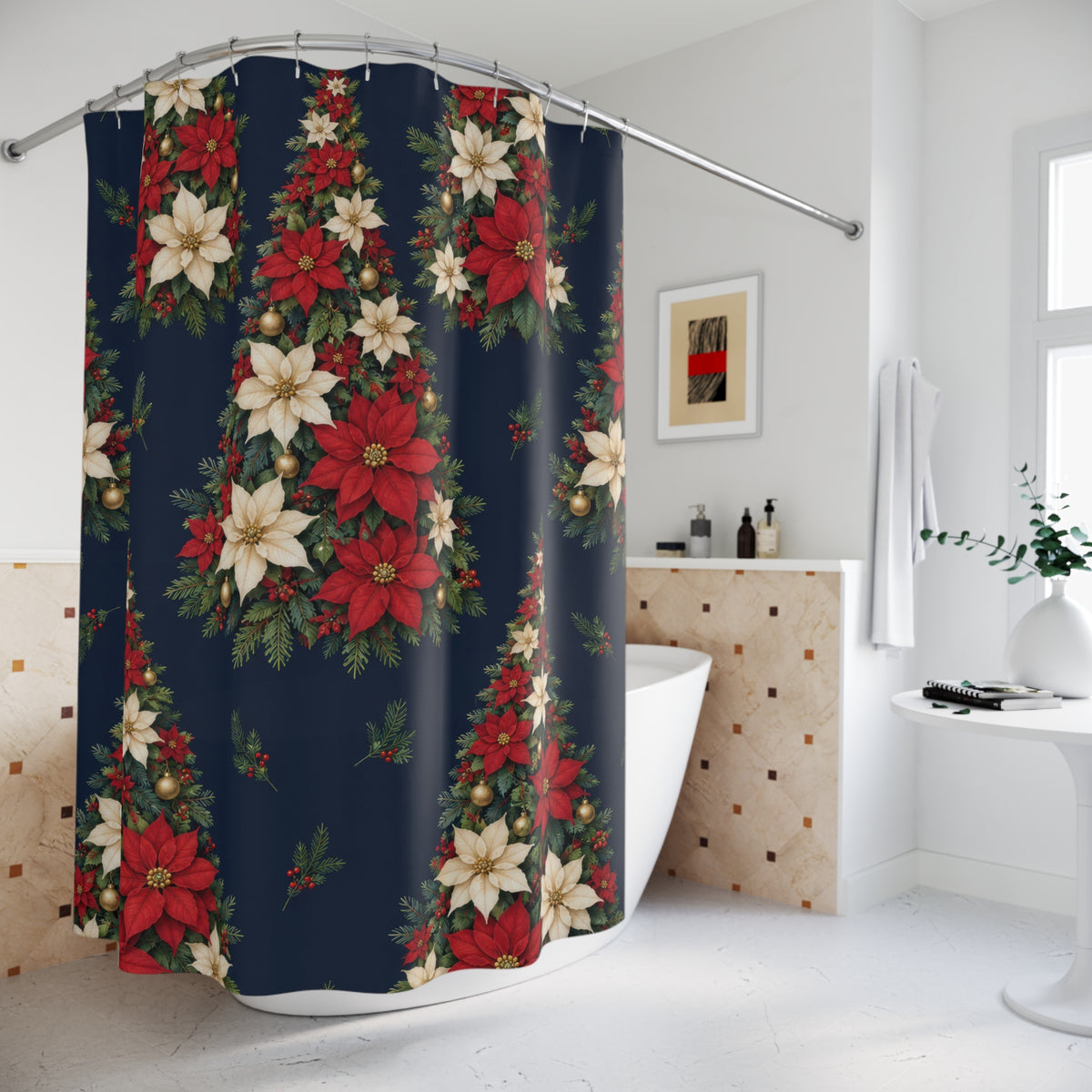 Red and ivory poinsettia Christmas trees on navy shower curtain beside a freestanding tub