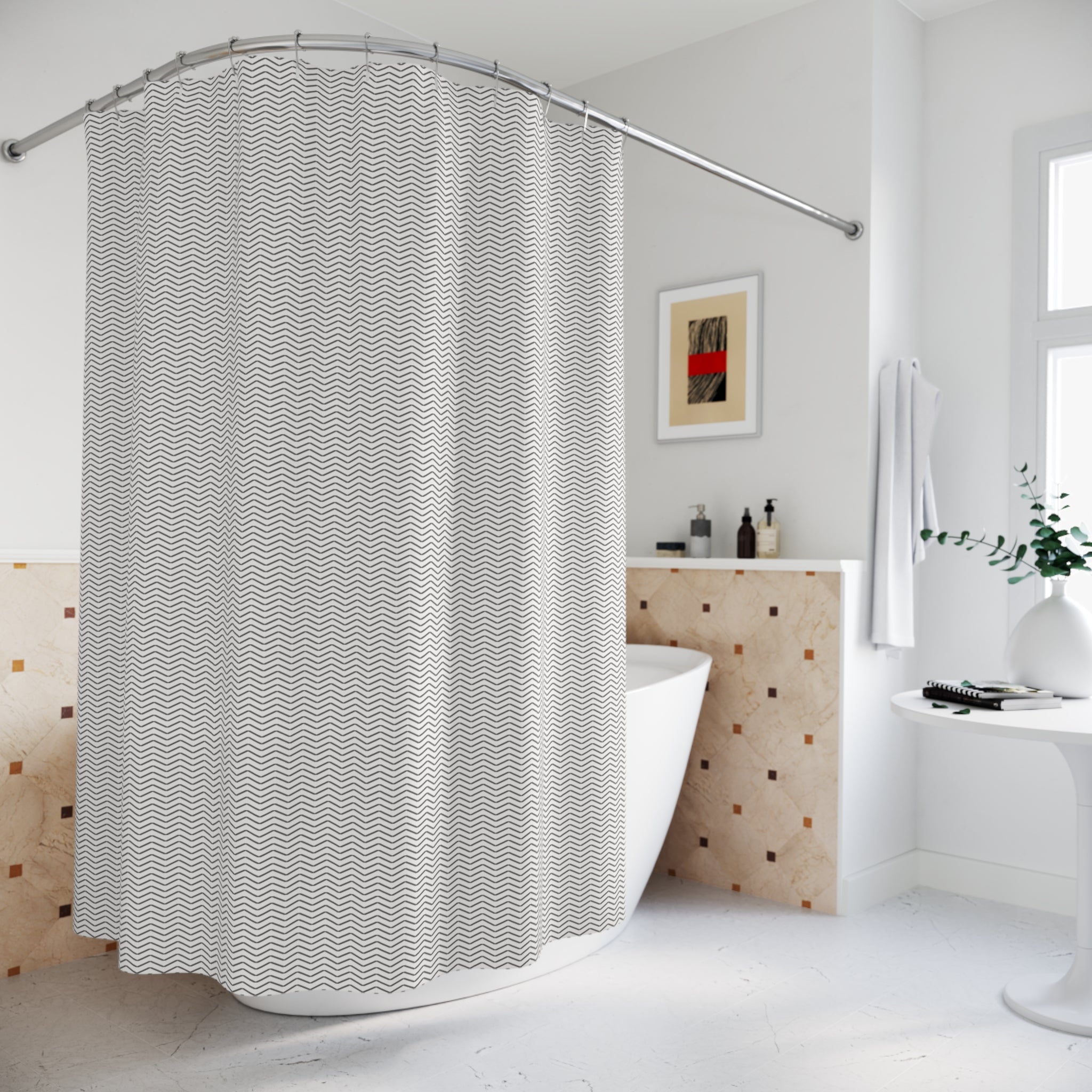 Grey and White Herringbone Shower Curtain