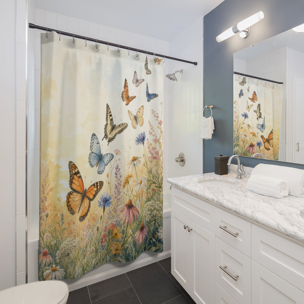 Watercolor Meadow Butterfly Shower Curtain