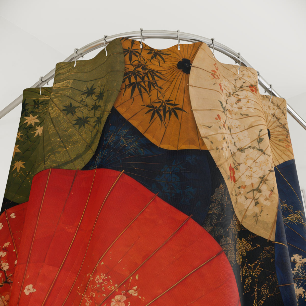 Colorful Japanese wagasa parasol canopy shower curtain with close-up print, hooks, and folds