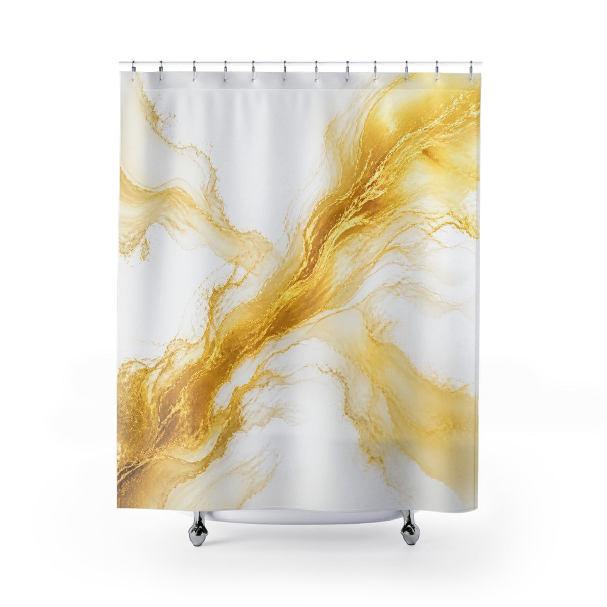 Flowing gold abstract brush forms on white shower curtain with full front view