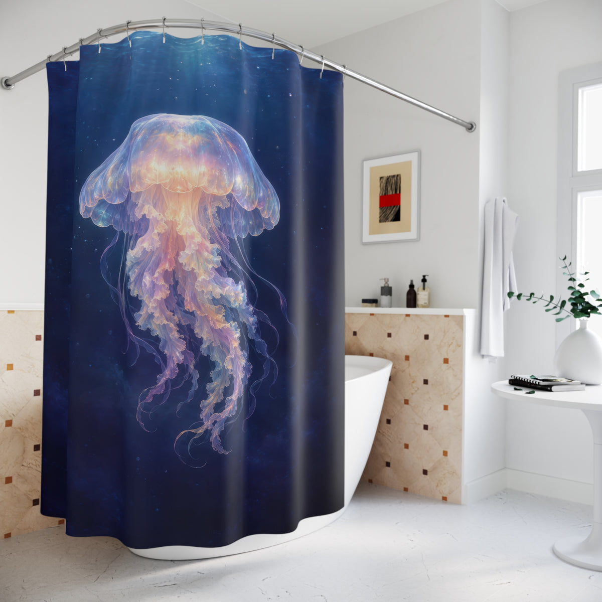 Opalescent jellyfish in deep blue water shower curtain beside a freestanding tub