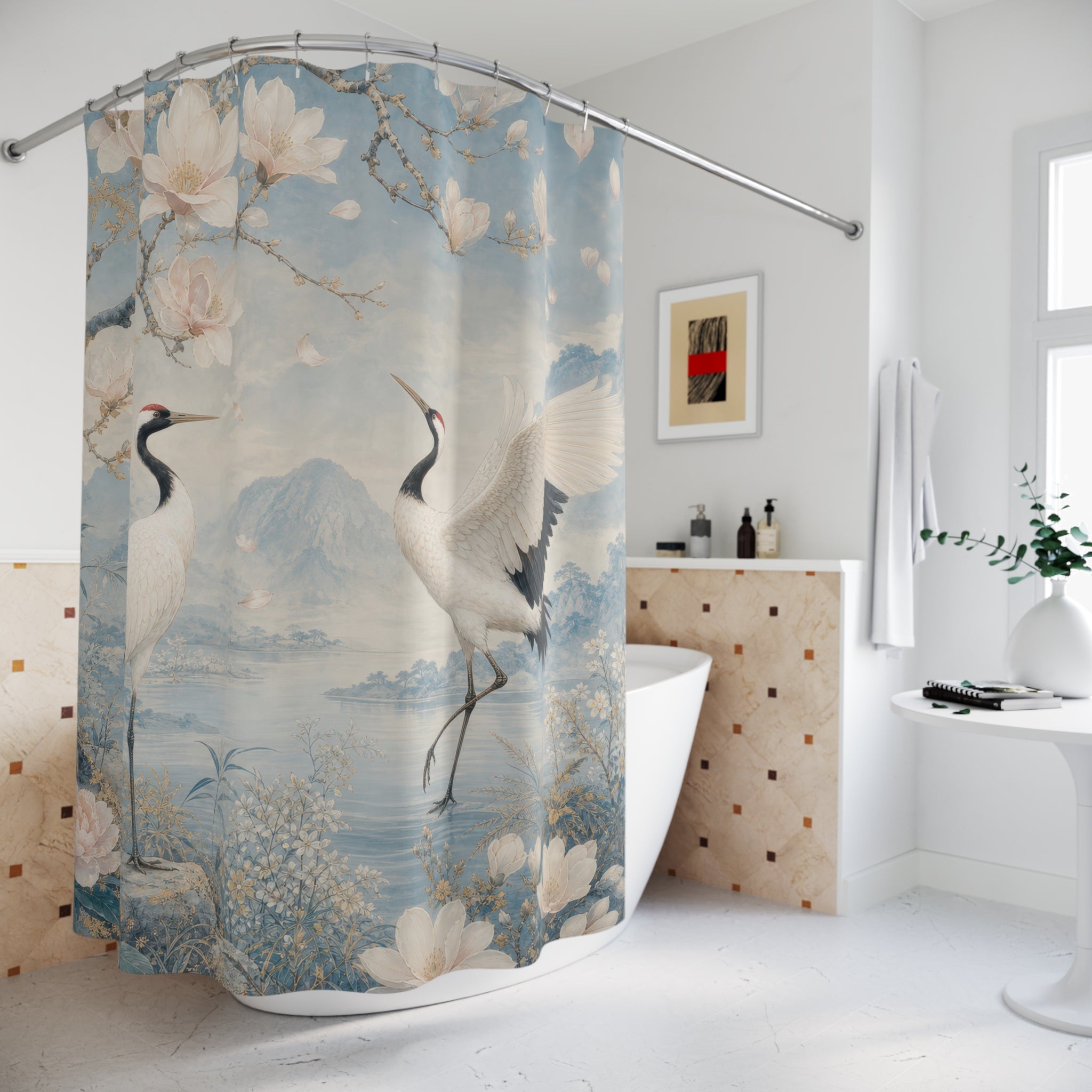 Blue Chinoiserie Crane and Magnolia Shower Curtain