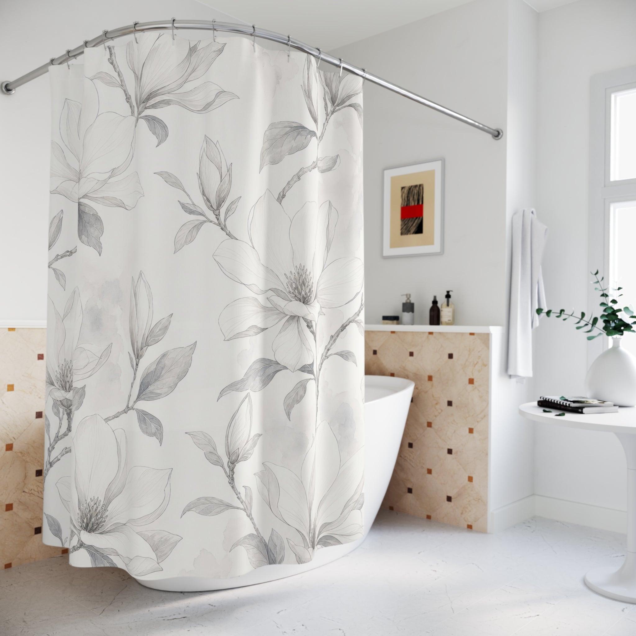 White Magnolia Floral Shower Curtain