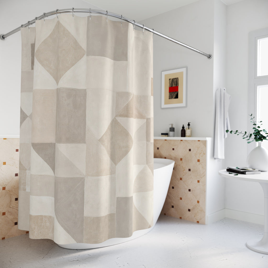 Beige White Patchwork Tile Shower Curtain
