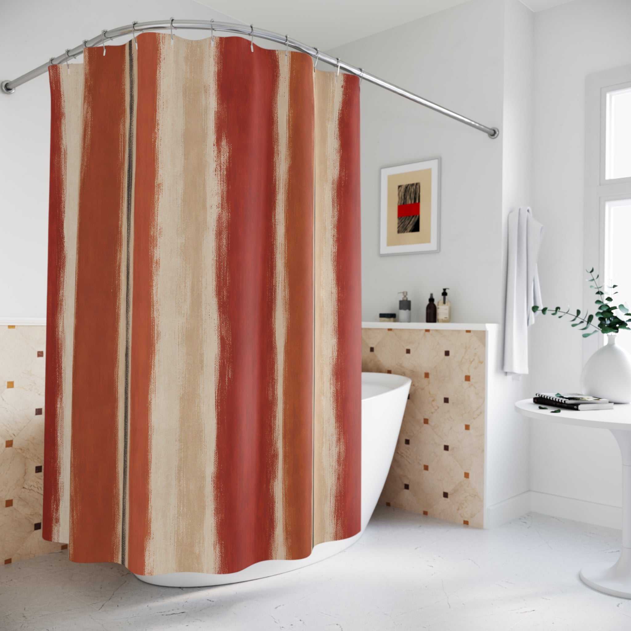 Rust Dry Brush Stripe Shower Curtain, Rust Red Classic Bathroom Decor, Modern Stripe Bath Curtain, Guest Bath Decor, Small Bathroom Decor