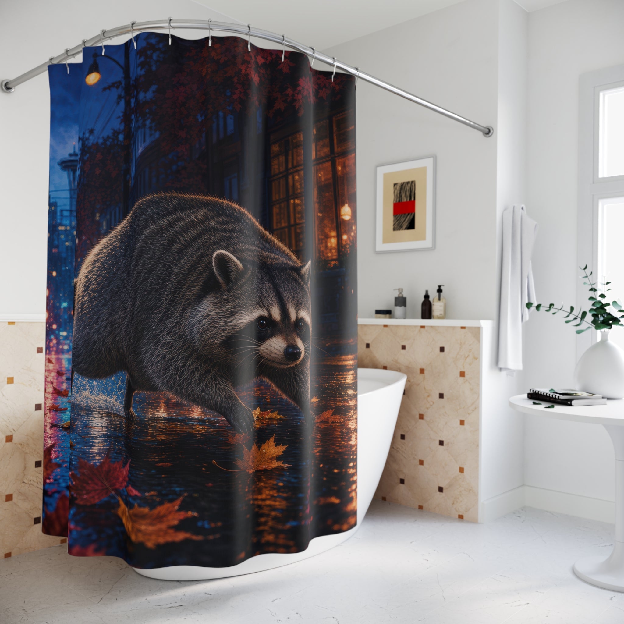 Jimothy Raccoon Rainy Seattle Shower Curtain
