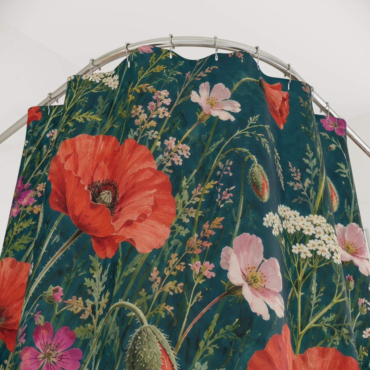 Coral poppies, pink blooms and white yarrow on deep teal shower curtain with close-up print, hooks, and folds