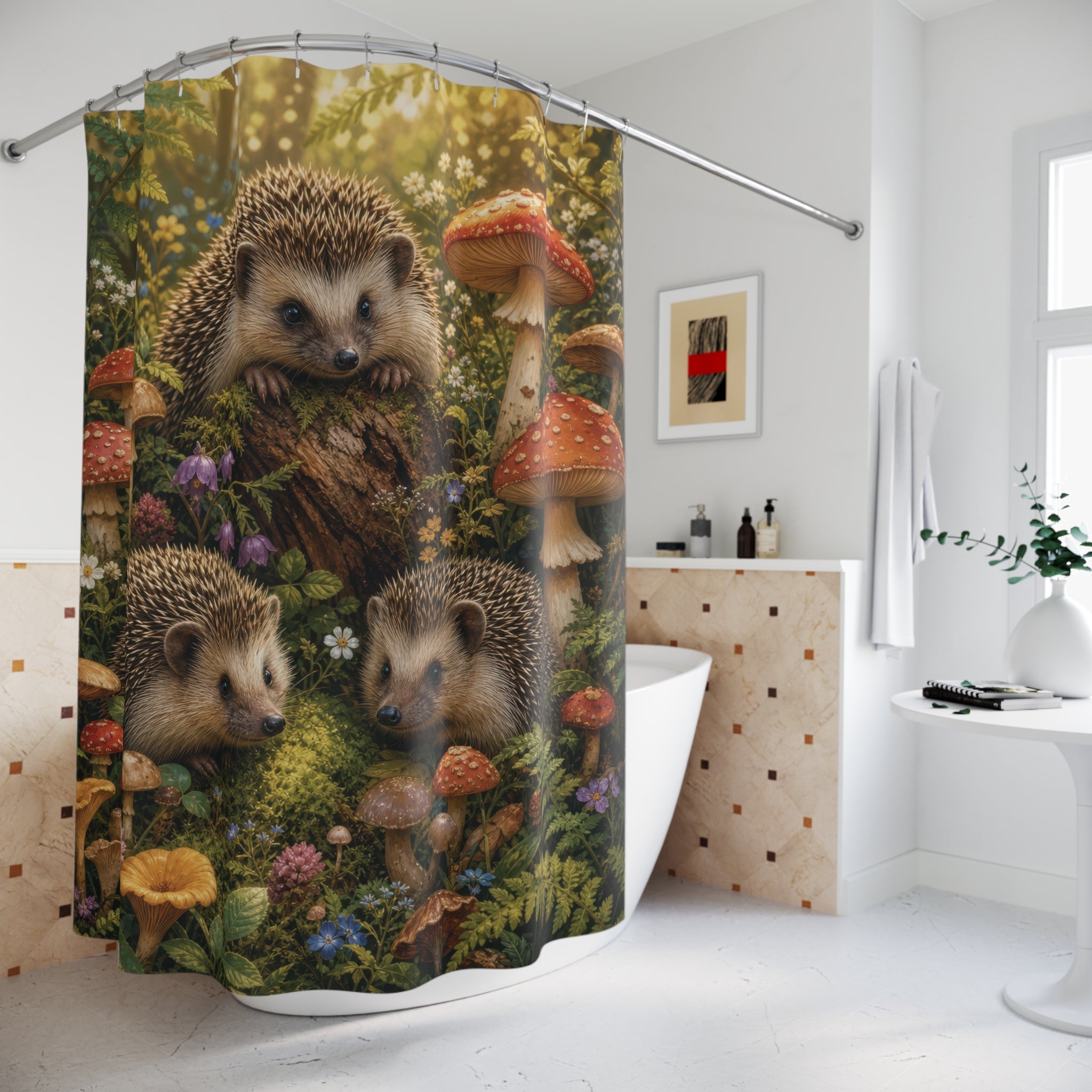 Hedgehog Shower Curtain: Cute Mushroom Woodland Animal
