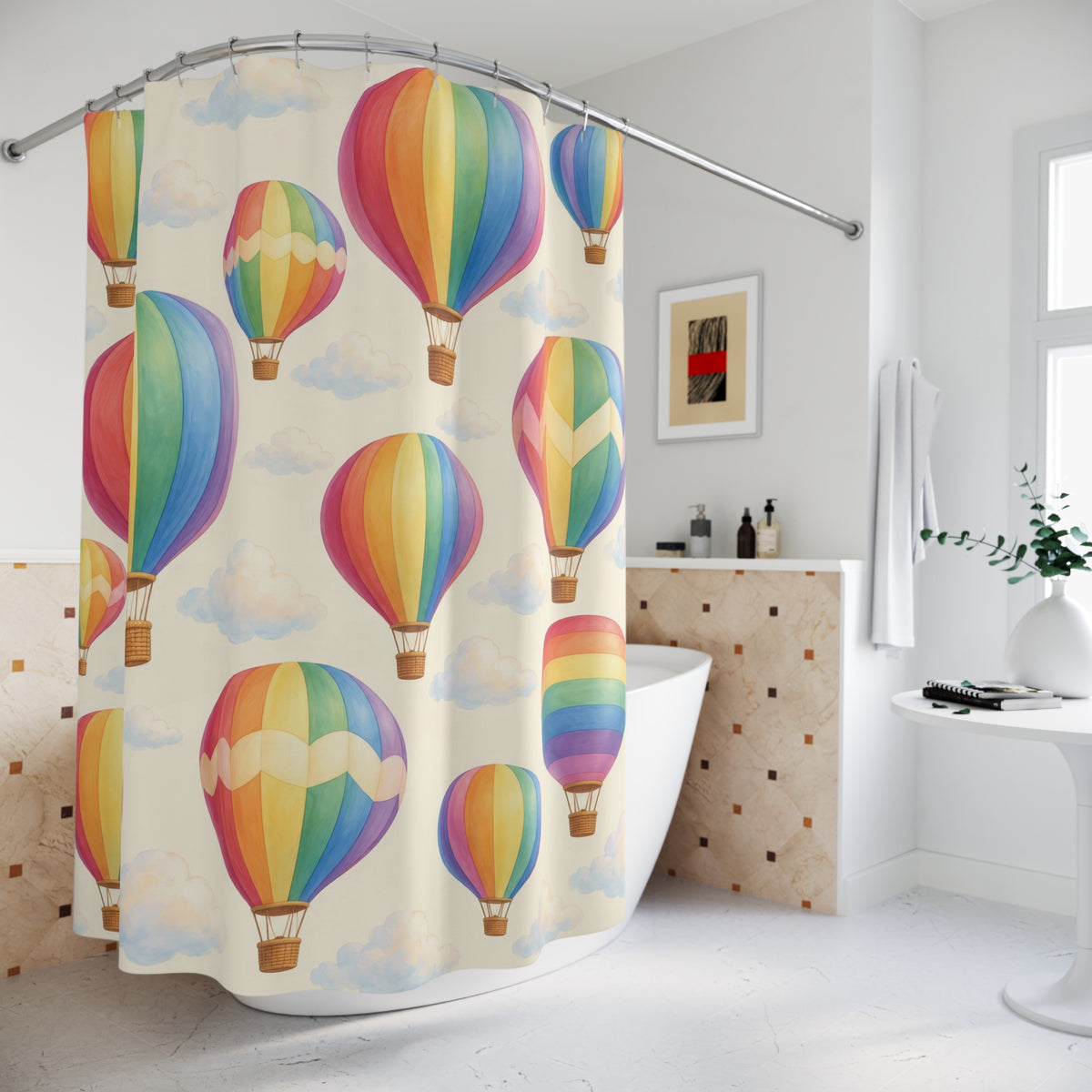 Pastel rainbow hot air balloons and clouds on cream shower curtain beside a freestanding tub