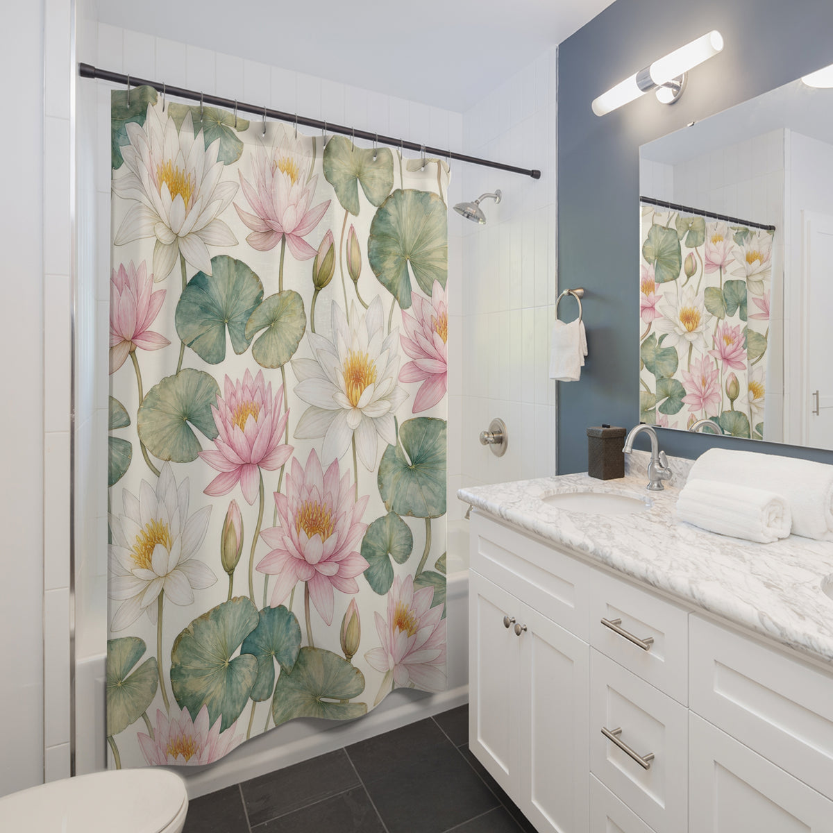 Pink White Water Lily Botanical shower curtain beside a white vanity