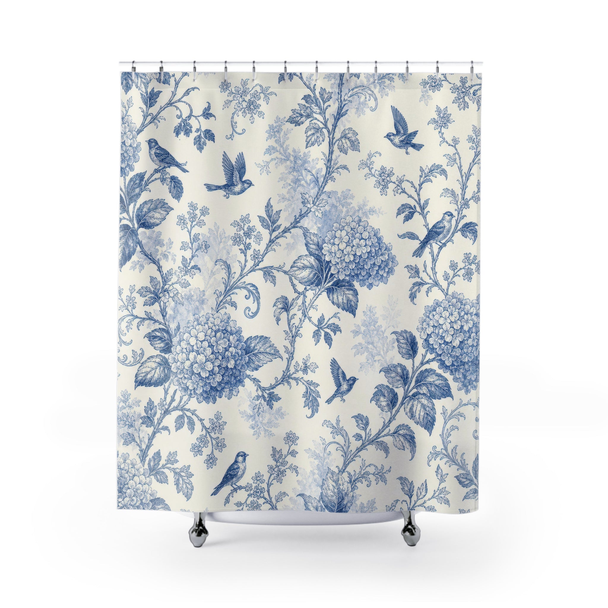Blue Bird Toile Floral Vintage White Cottage Shower Curtain