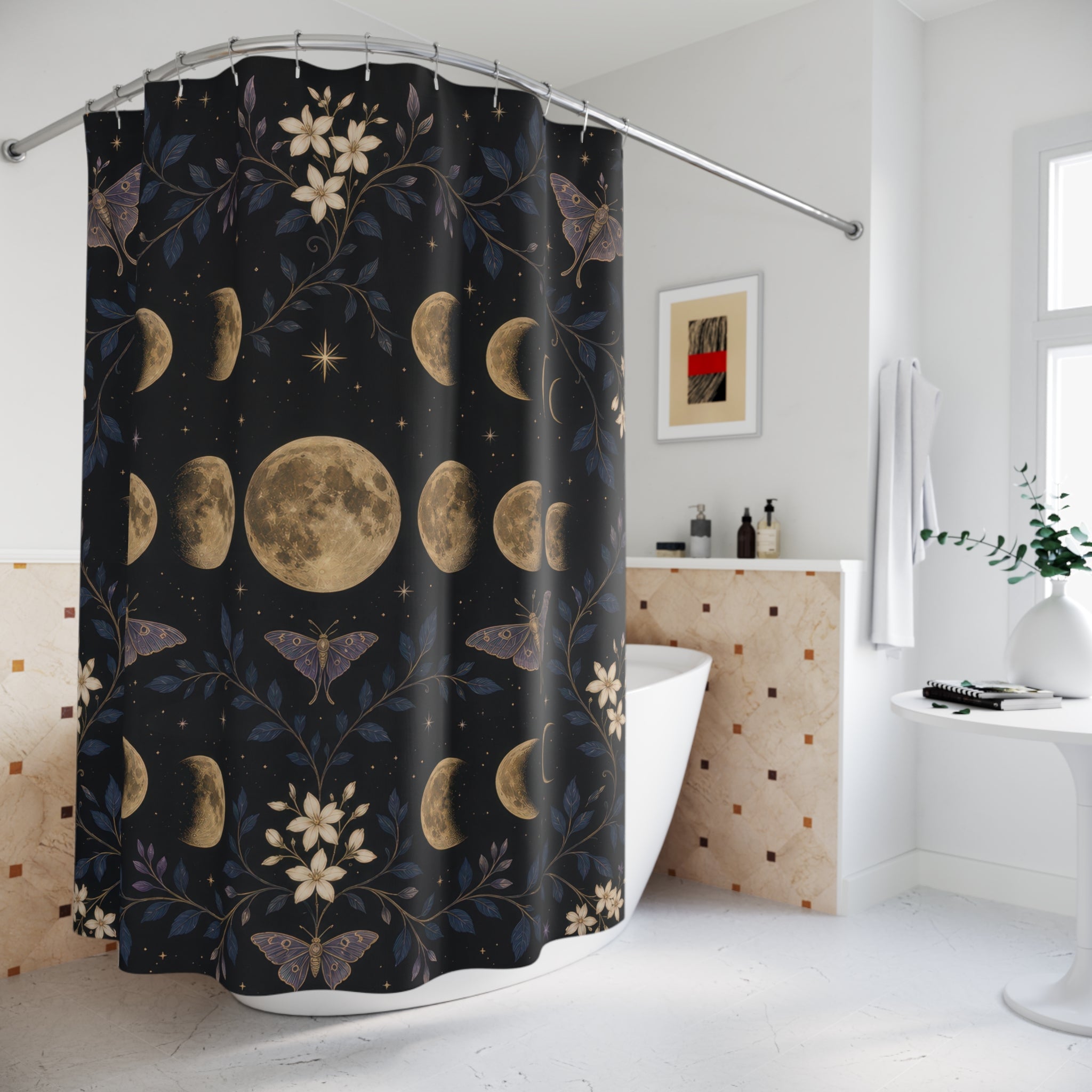 Moon Phases Shower Curtain, Botanical Lunar Cycle with Moths