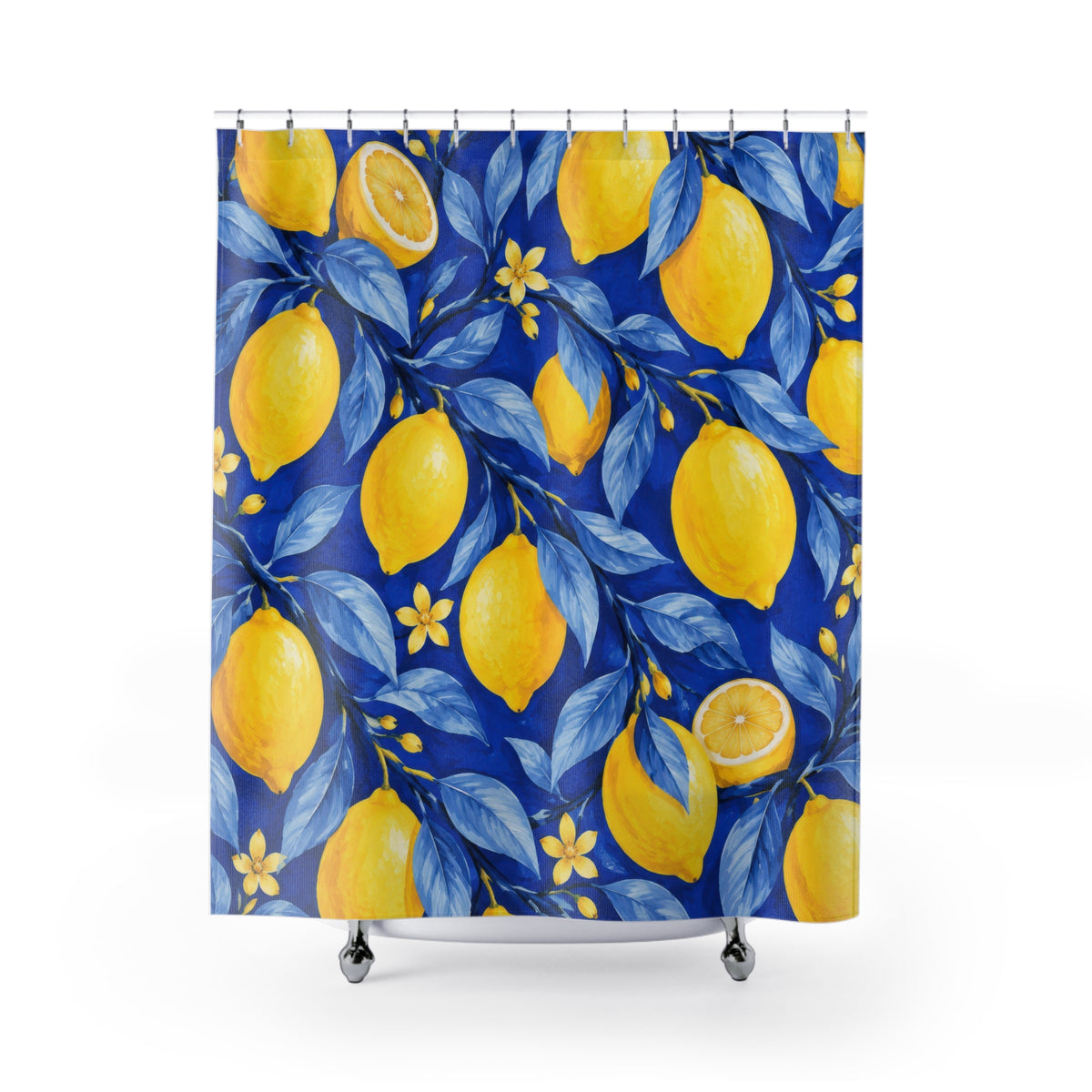 Yellow lemons and blossoms among blue leaves on cobalt shower curtain with full front view