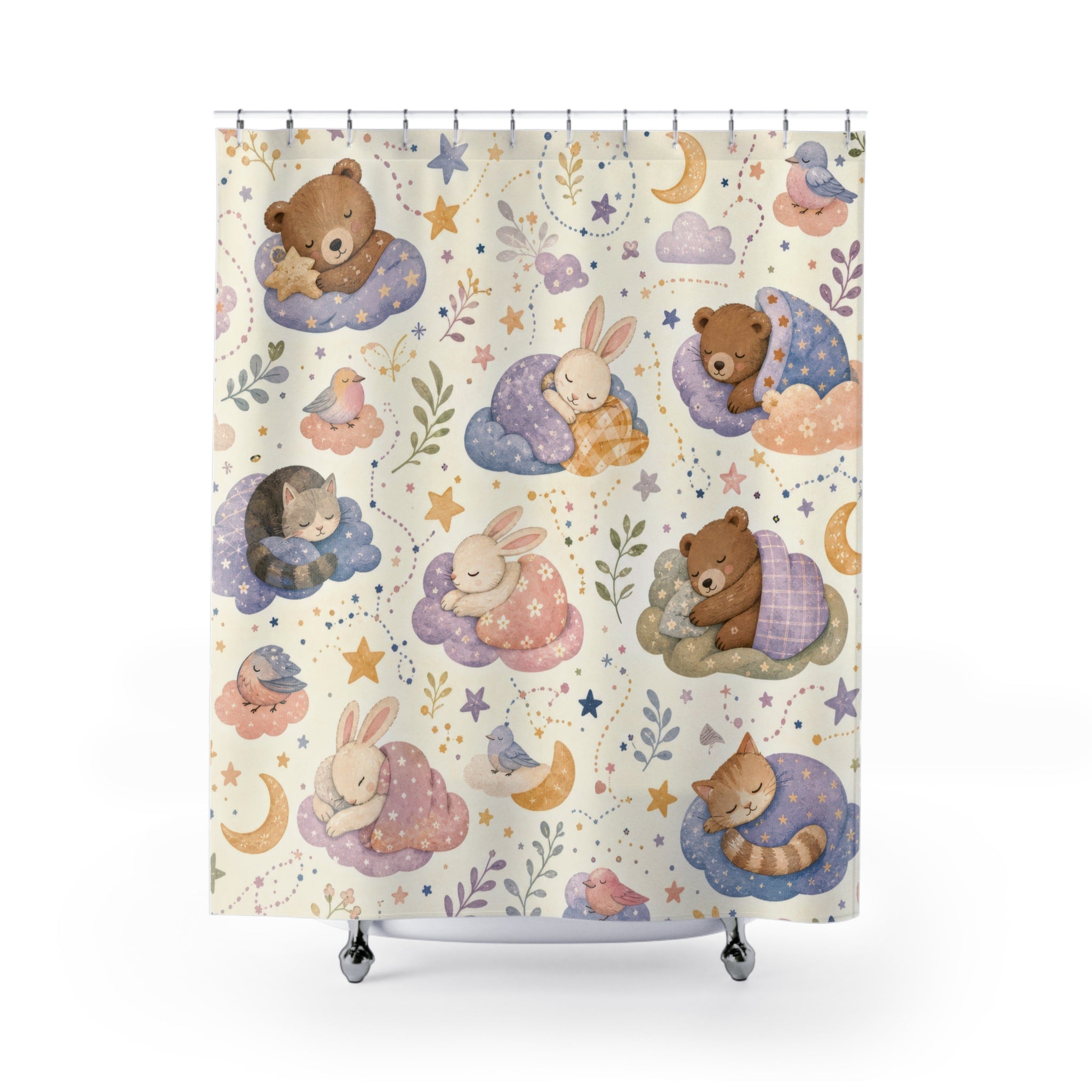 Kids Teddy Bear Shower Curtain, Sleepy Cloud Moon Pattern, Pastel Nursery Bathroom Decor, Bedtime Nursery Wall Decor Guest Bath Wall Gift