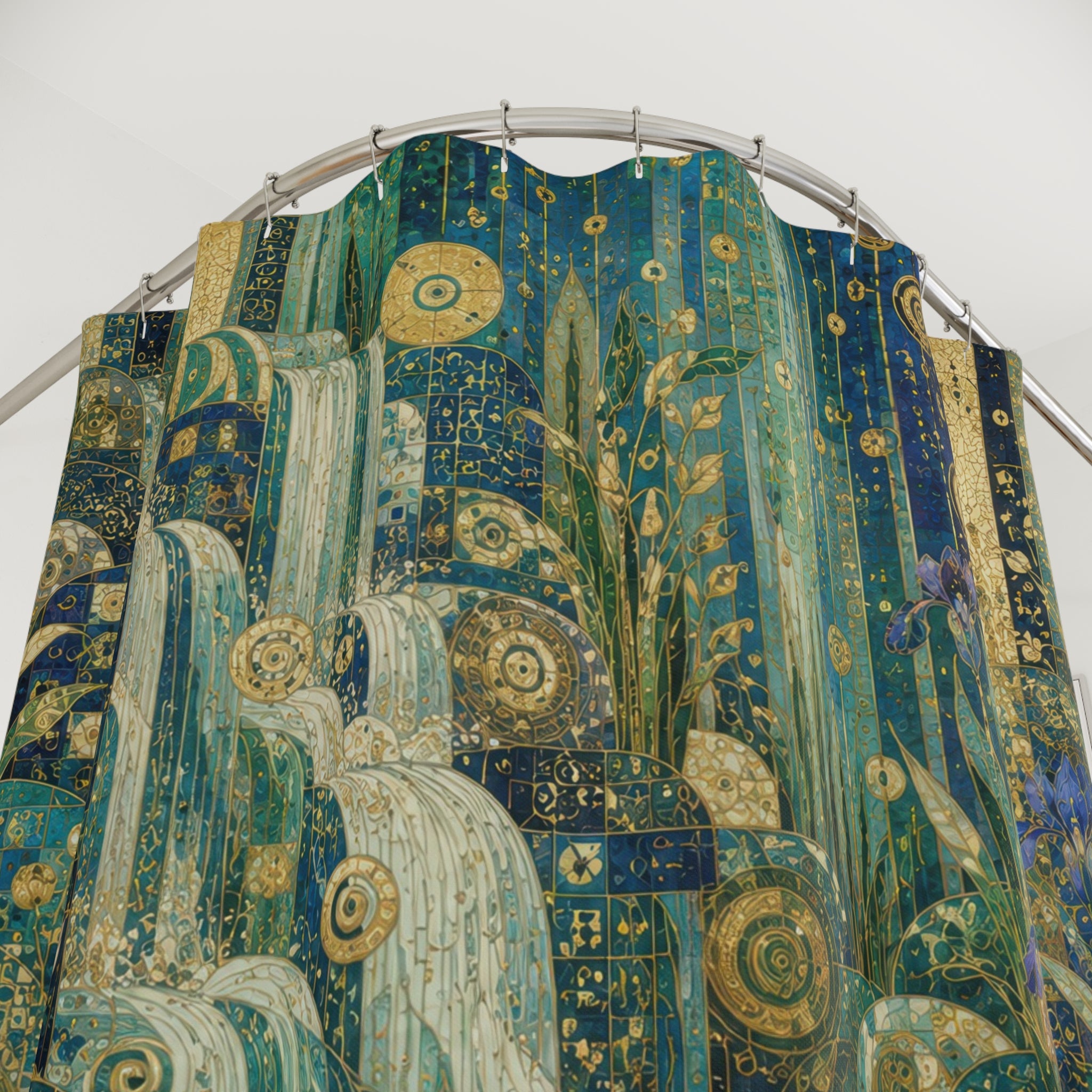 Klimt Inspired Waterfall Shower Curtain: Blue Gold Nouveau