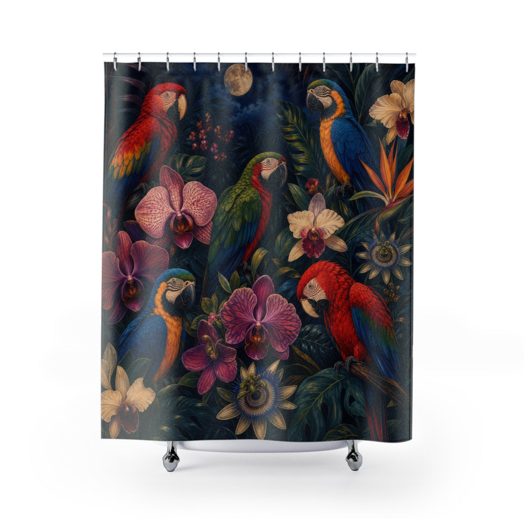 Midnight Macaw Orchid Garden Shower Curtain