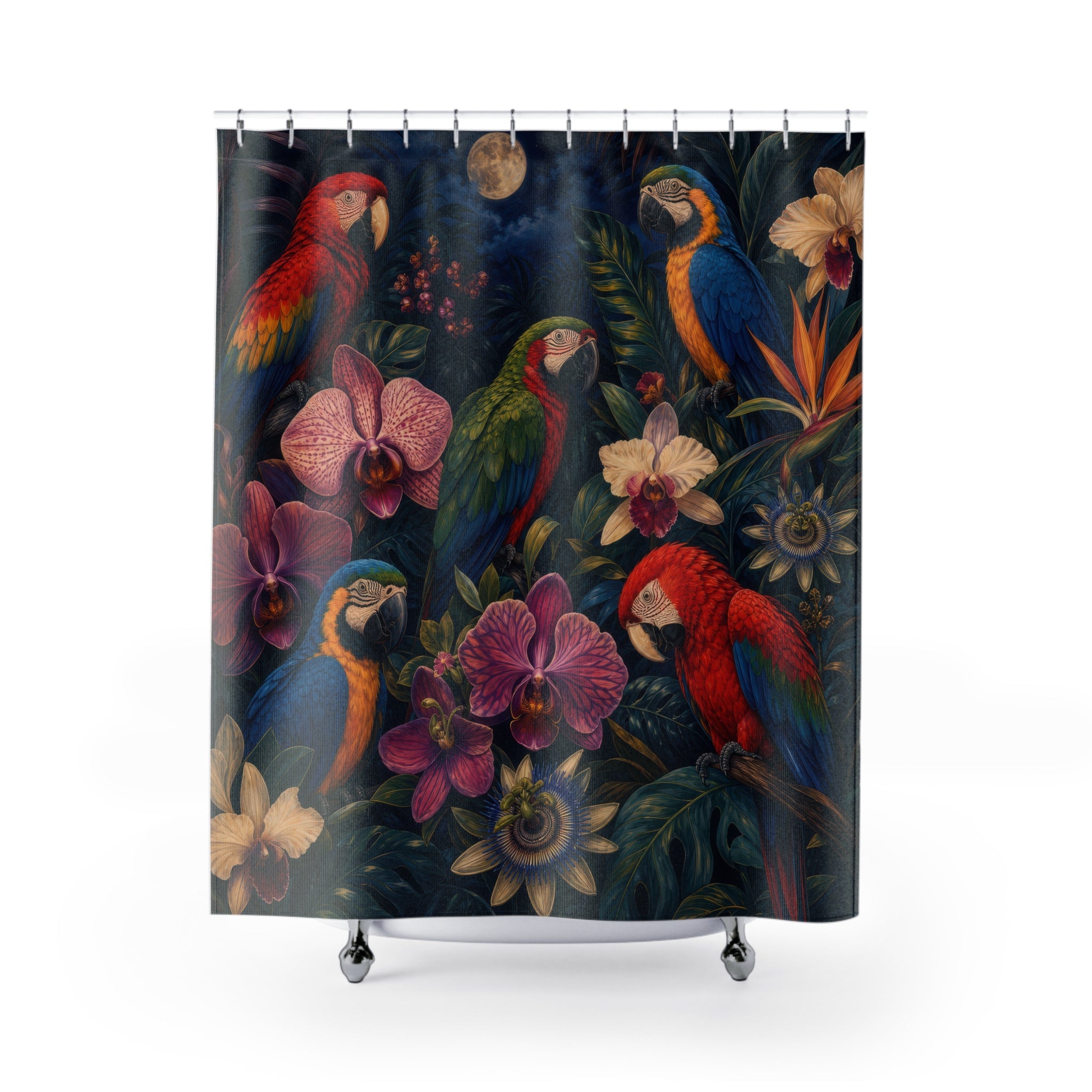 Midnight Macaw Orchid Garden Shower Curtain