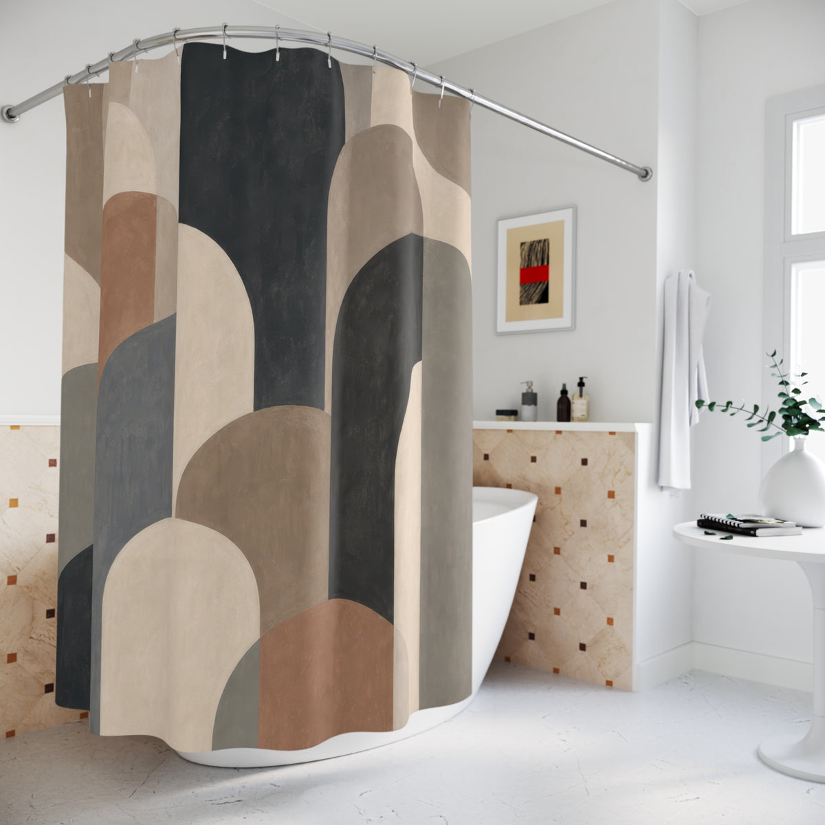 Black Beige Modern Arch Abstract Geometric Orange Gray Shower Curtain