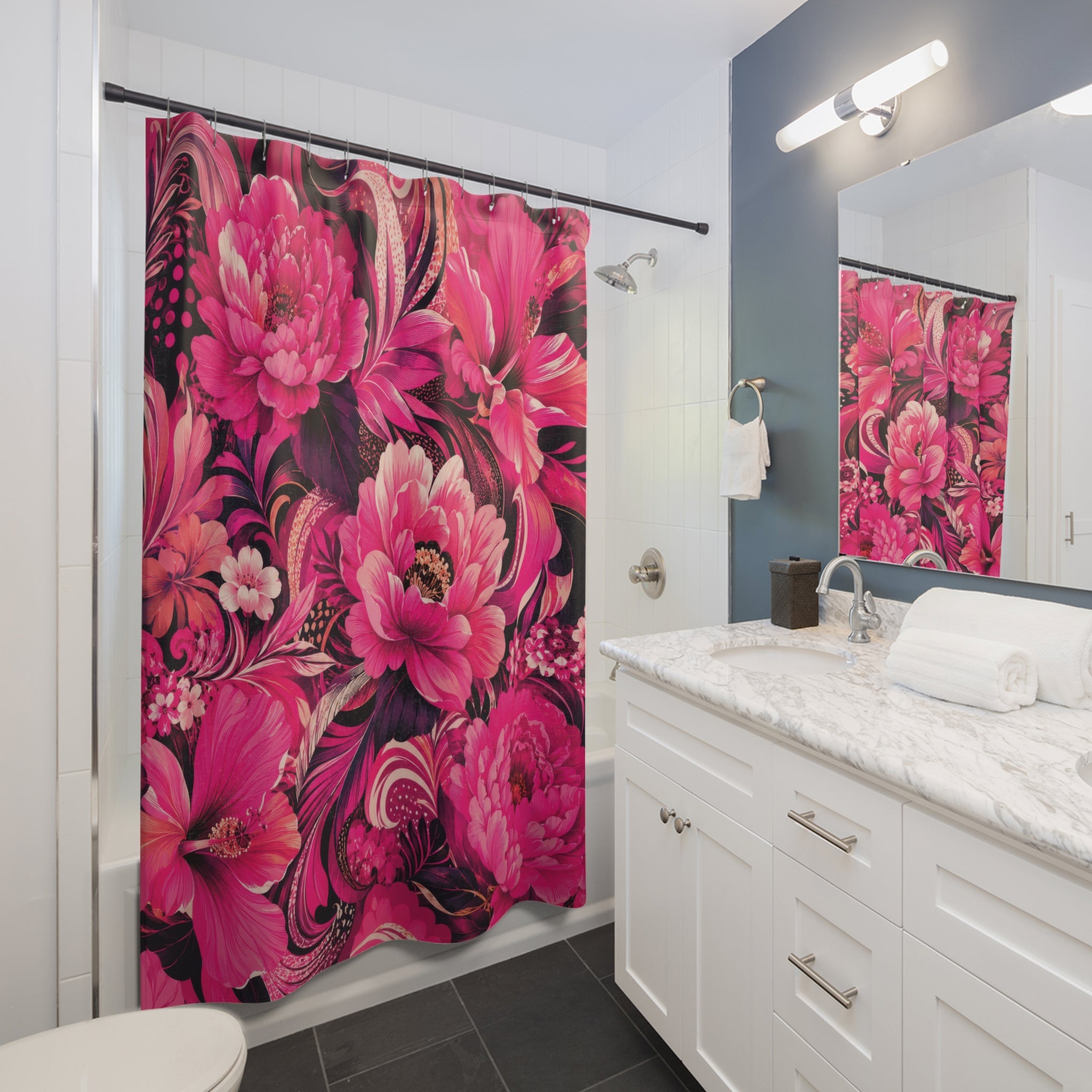 Hot Pink Floral Shower Curtain: Fuchsia Black Maximalist