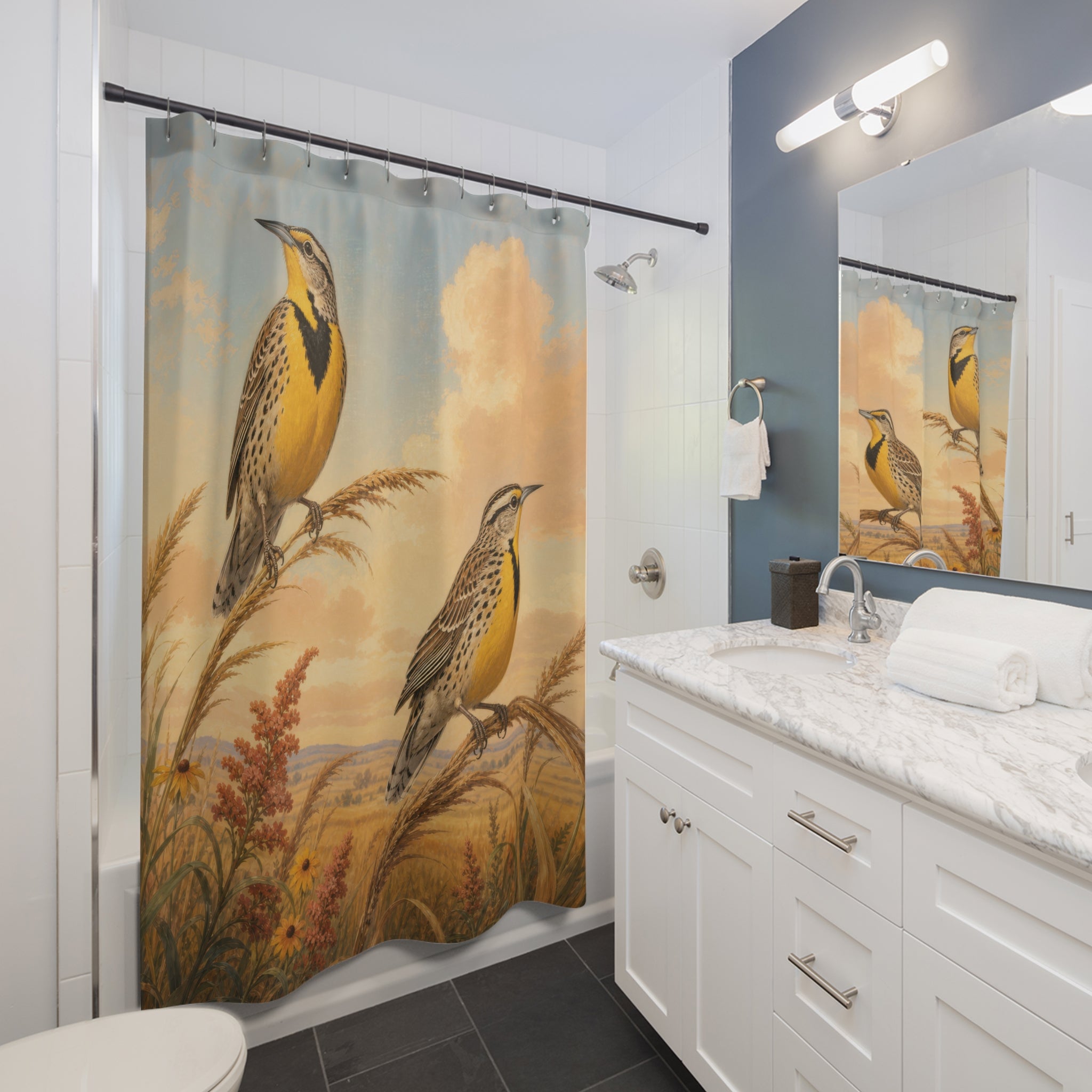 Meadowlark Pair at Sunset Shower Curtain