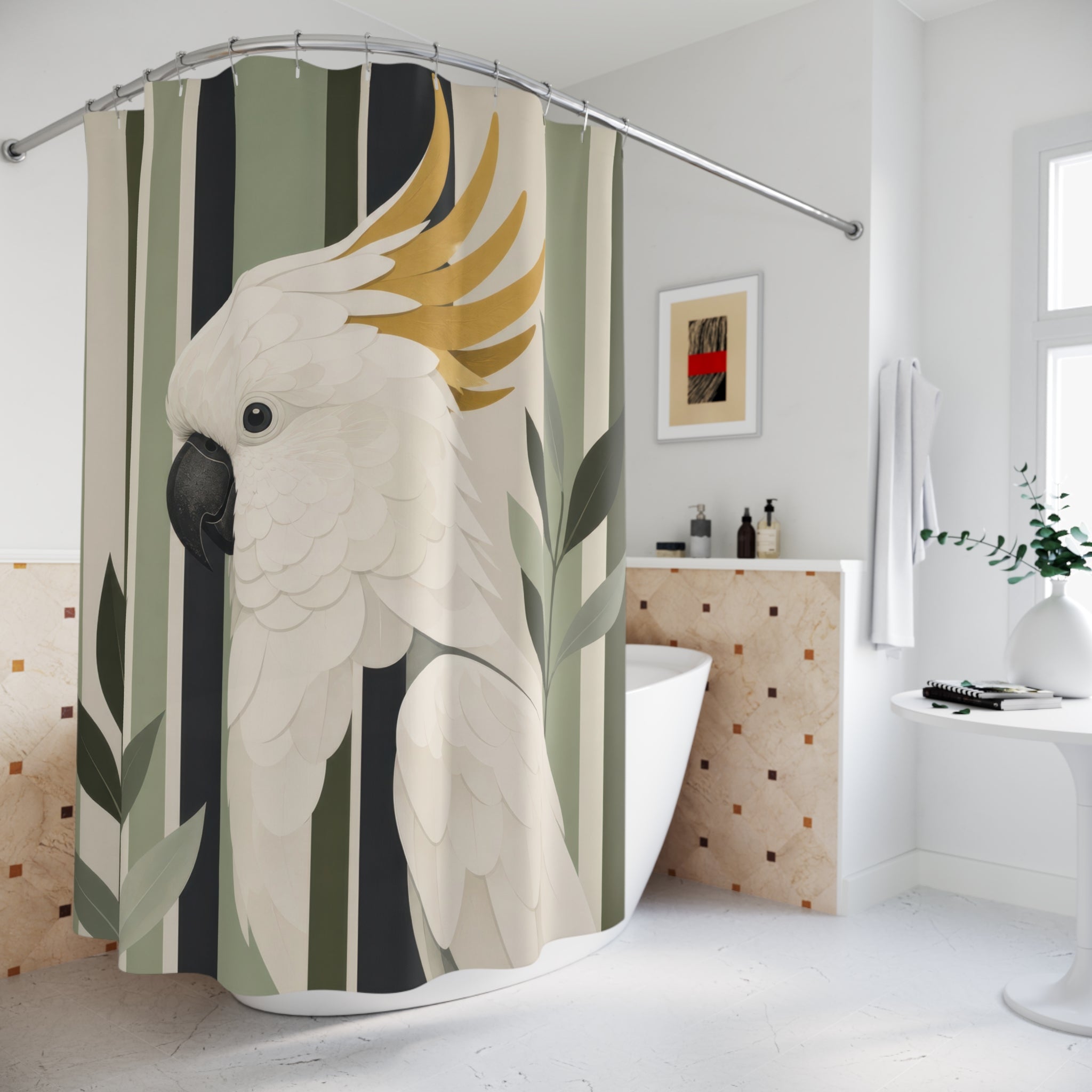 White gold cockatoo against sage olive and cream stripes shower curtain styled beside a freestanding tub