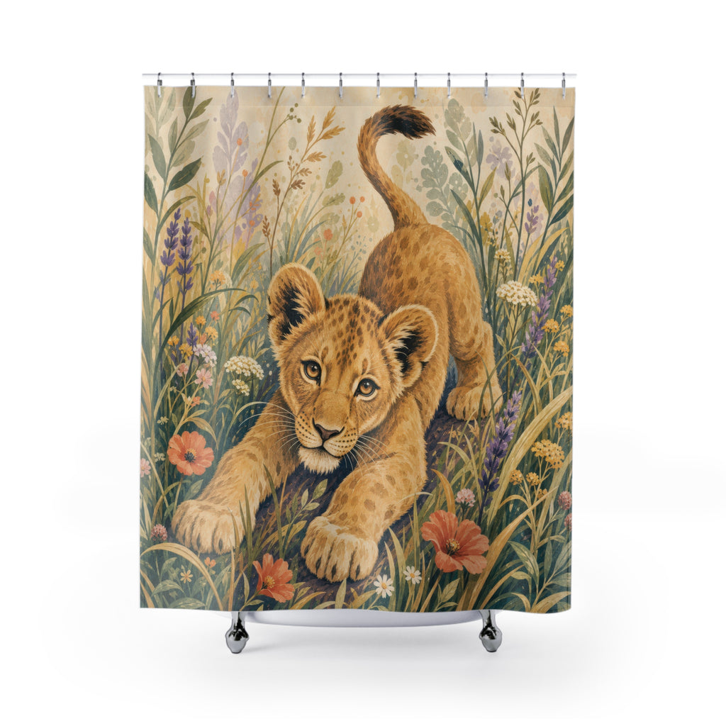 Lion Cub Floral Animal Scene Shower Curtain