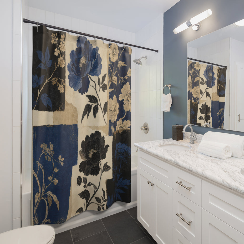 Navy Black Botanical Blue Floral Shower Curtain