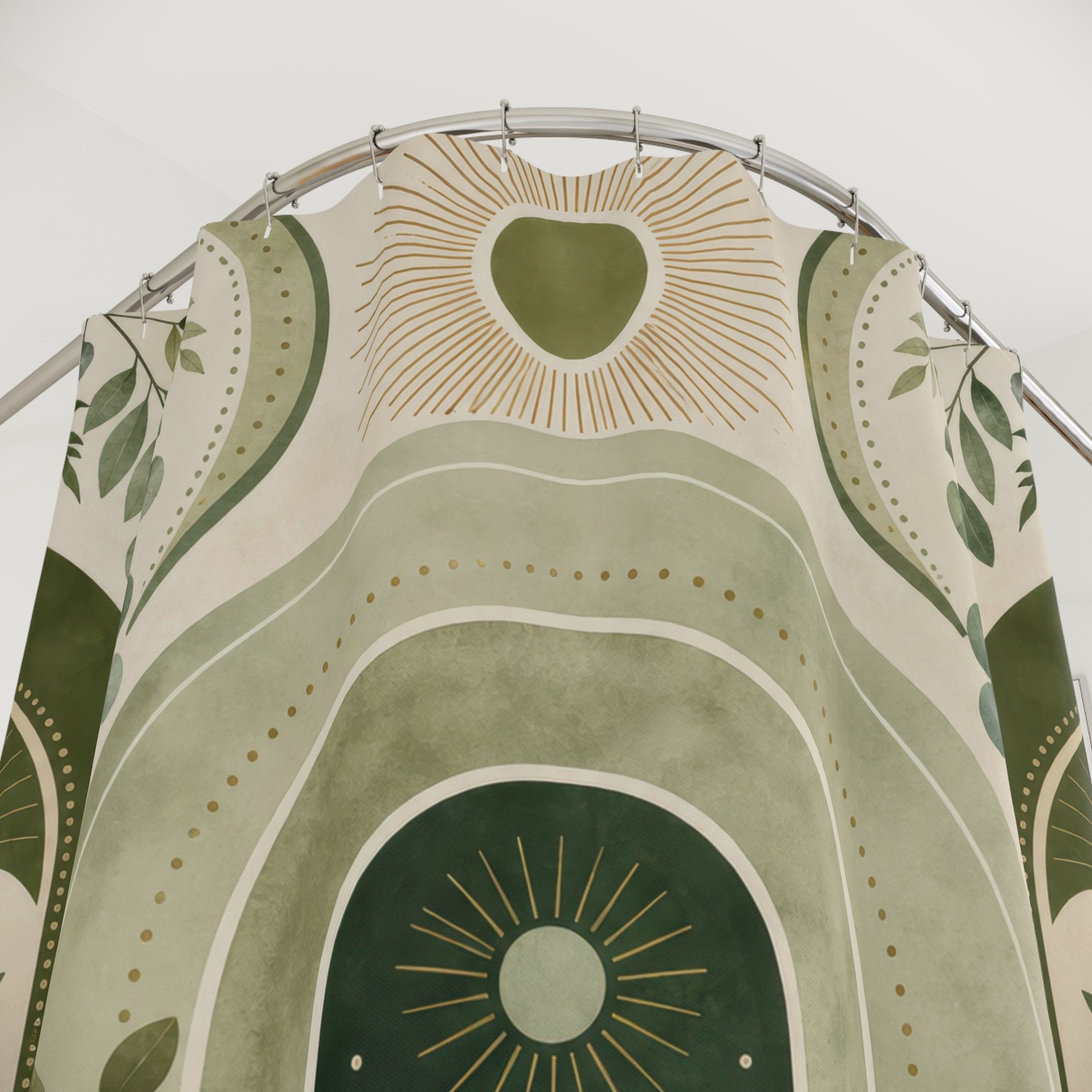 Green Boho Shower Curtain: Sage Botanical Arch Pattern