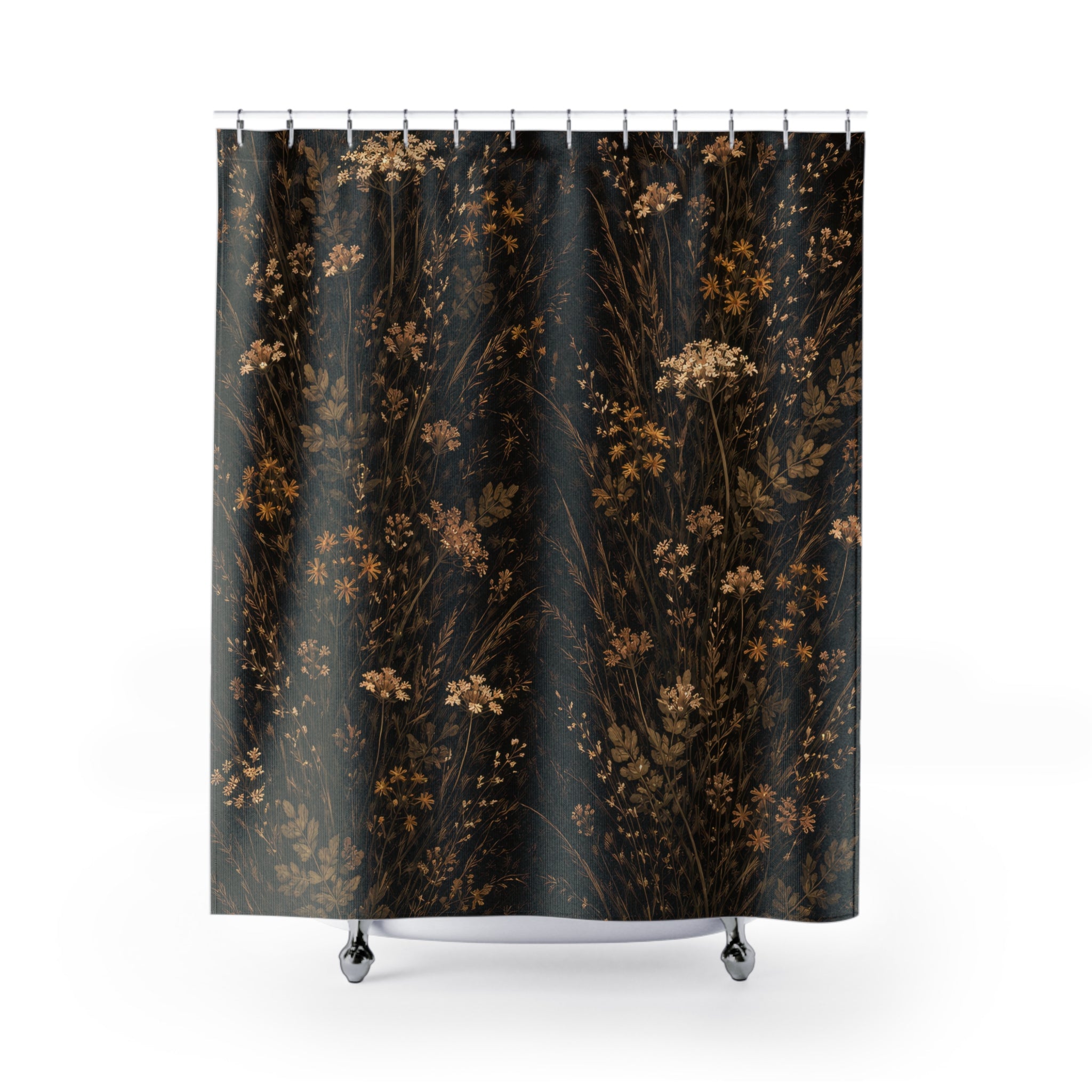 Dark Floral Shower Curtain — Black Gold Meadow
