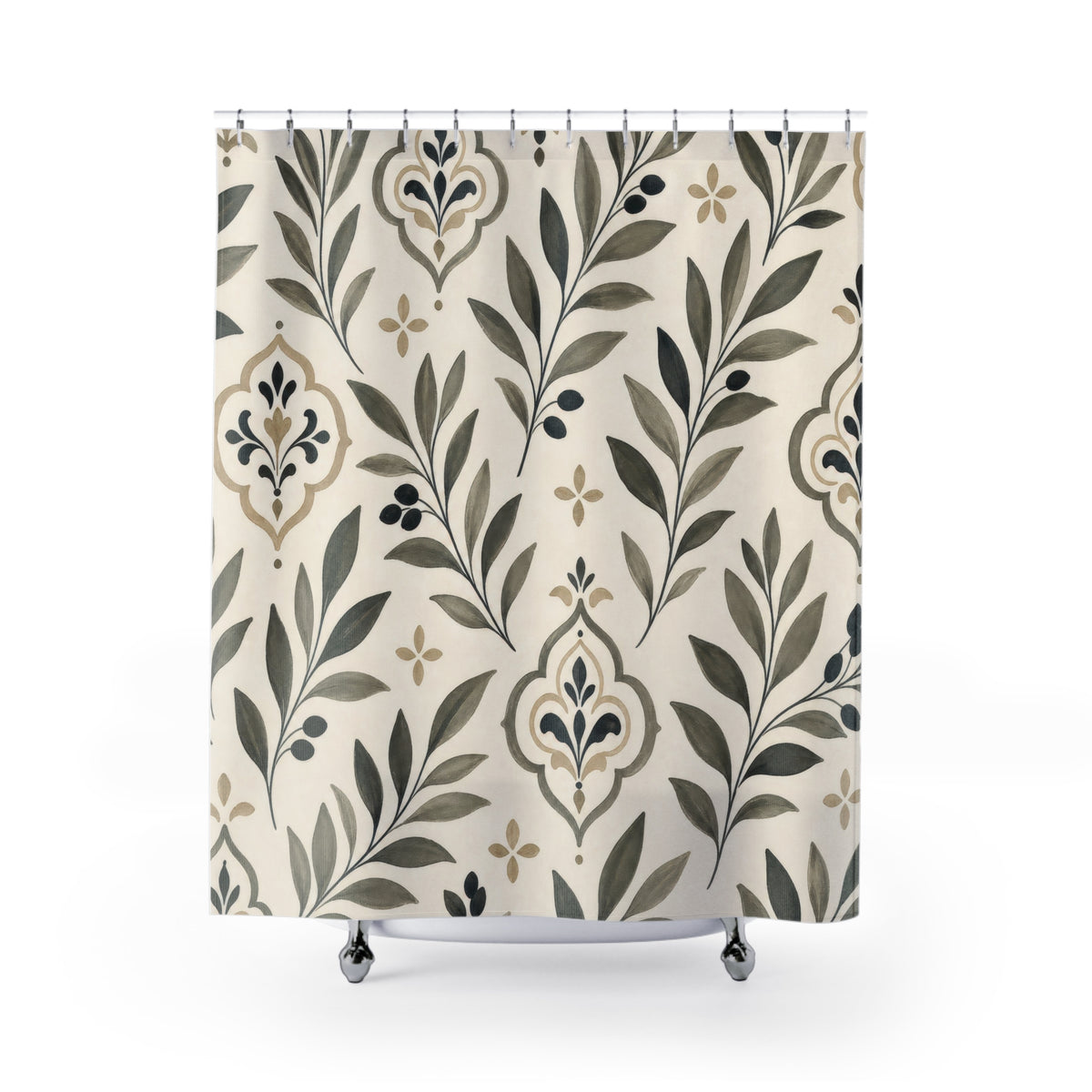 Sage Black Beige Damask Leaf shower curtain with full front view