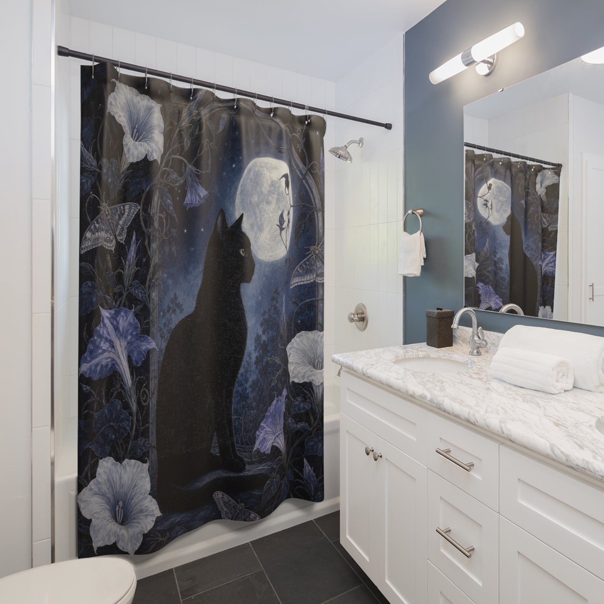 Moonlit Black Cat Shower Curtain