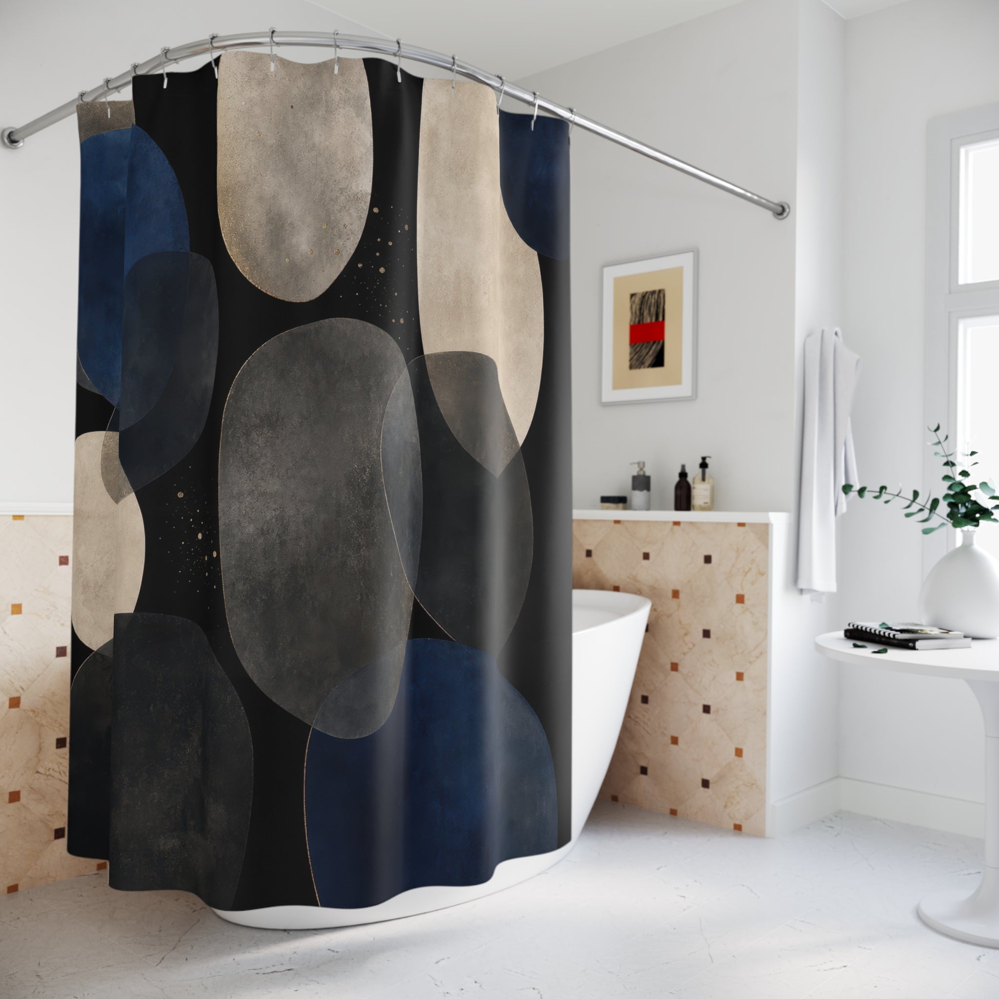 Blue Abstract Shower Curtain, Navy Black Bath Decor, Cream Gray Circle Pattern, Modern Geometric Bathroom Decor, Moody Guest Bathroom