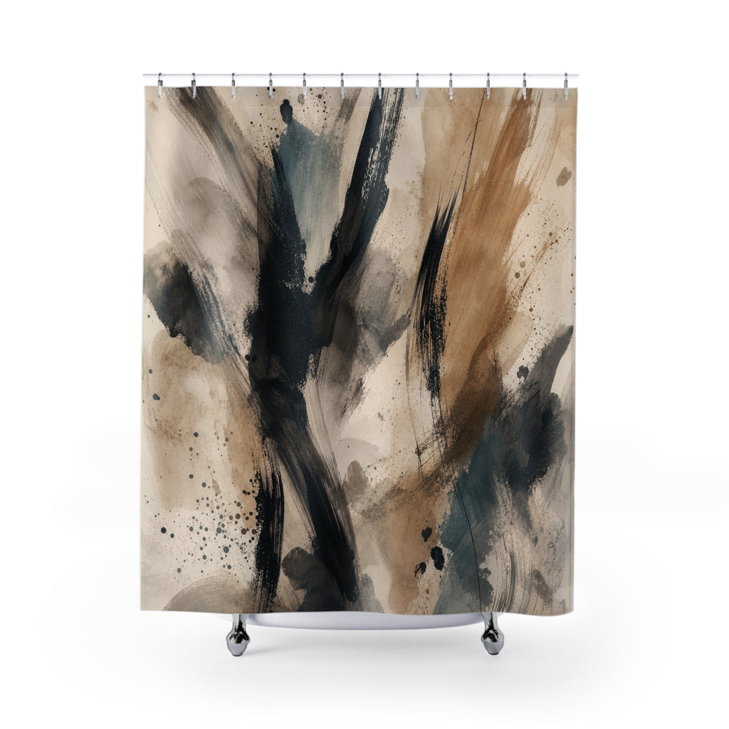 Black Tan Gestural Brushstroke Shower Curtain
